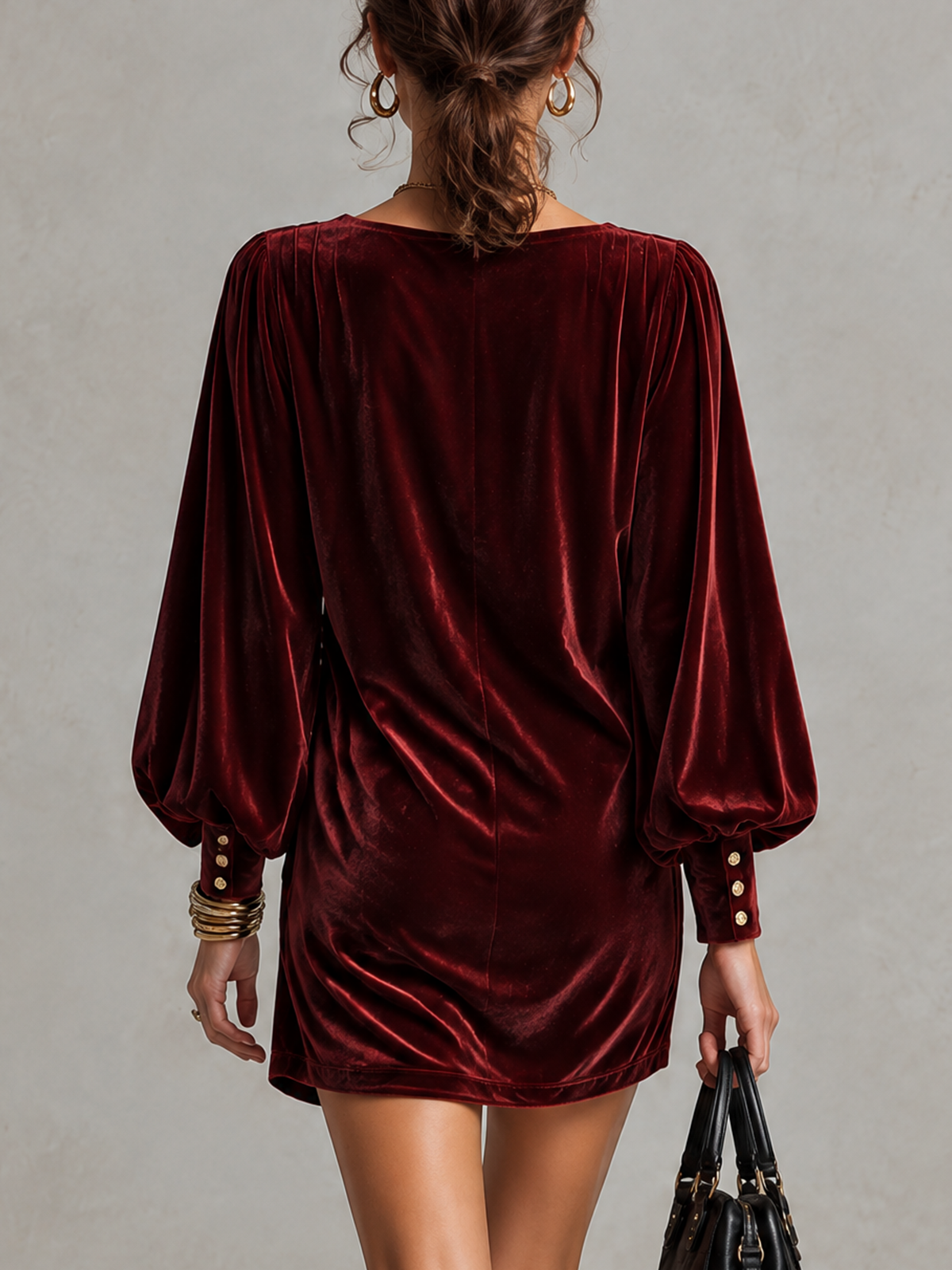 Burgundy Velvet Deep V Drawstring Ruched Mini Dress