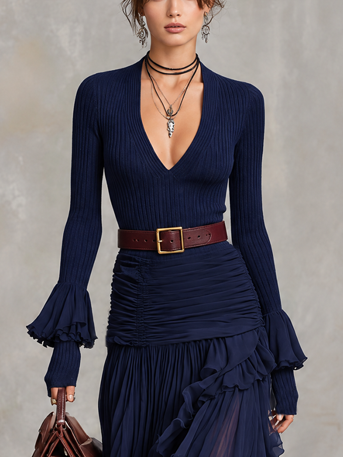 Navy Ribbed Knit And Chiffon Ruffled Maxi Dress