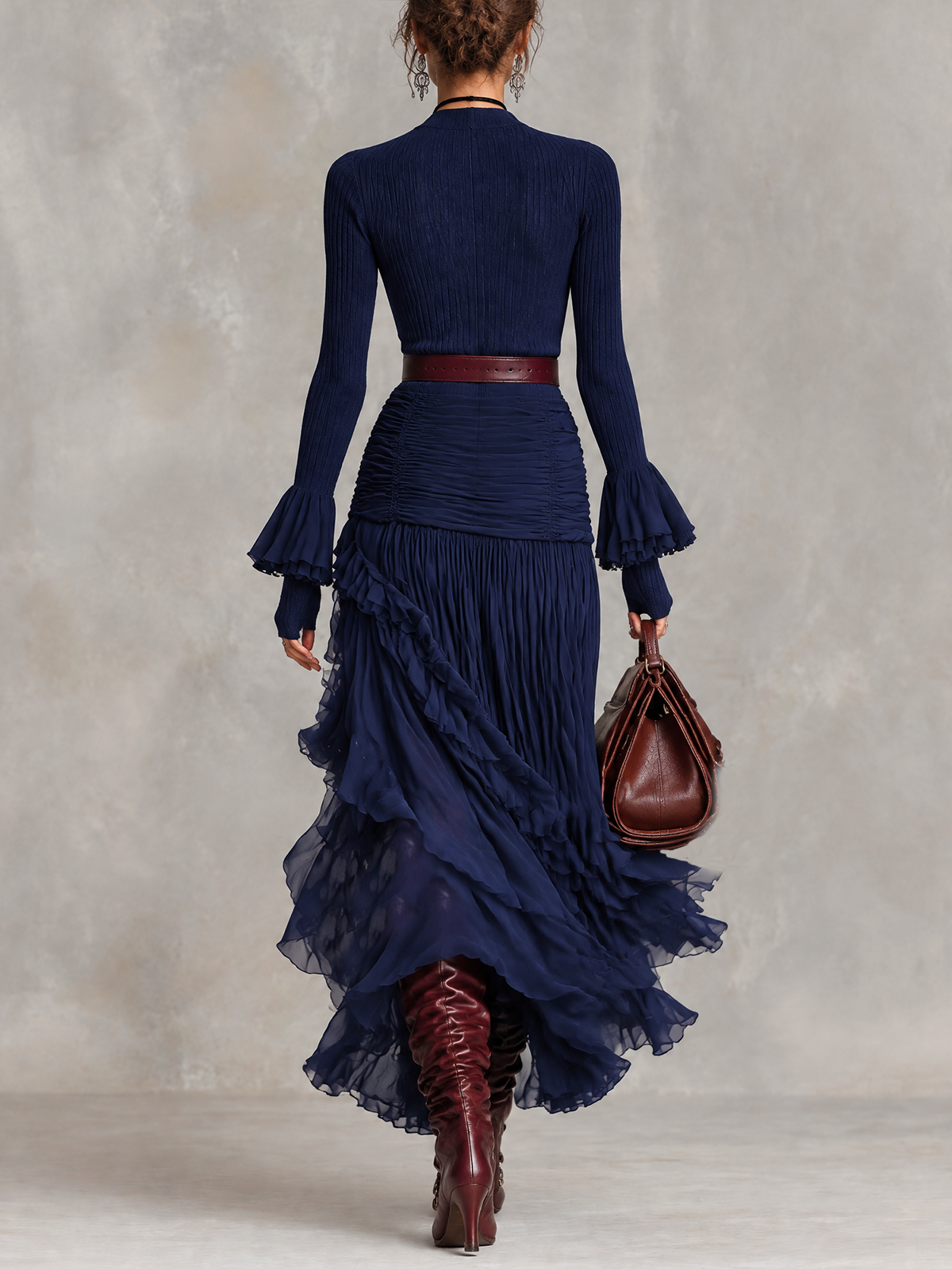 Navy Ribbed Knit And Chiffon Ruffled Maxi Dress