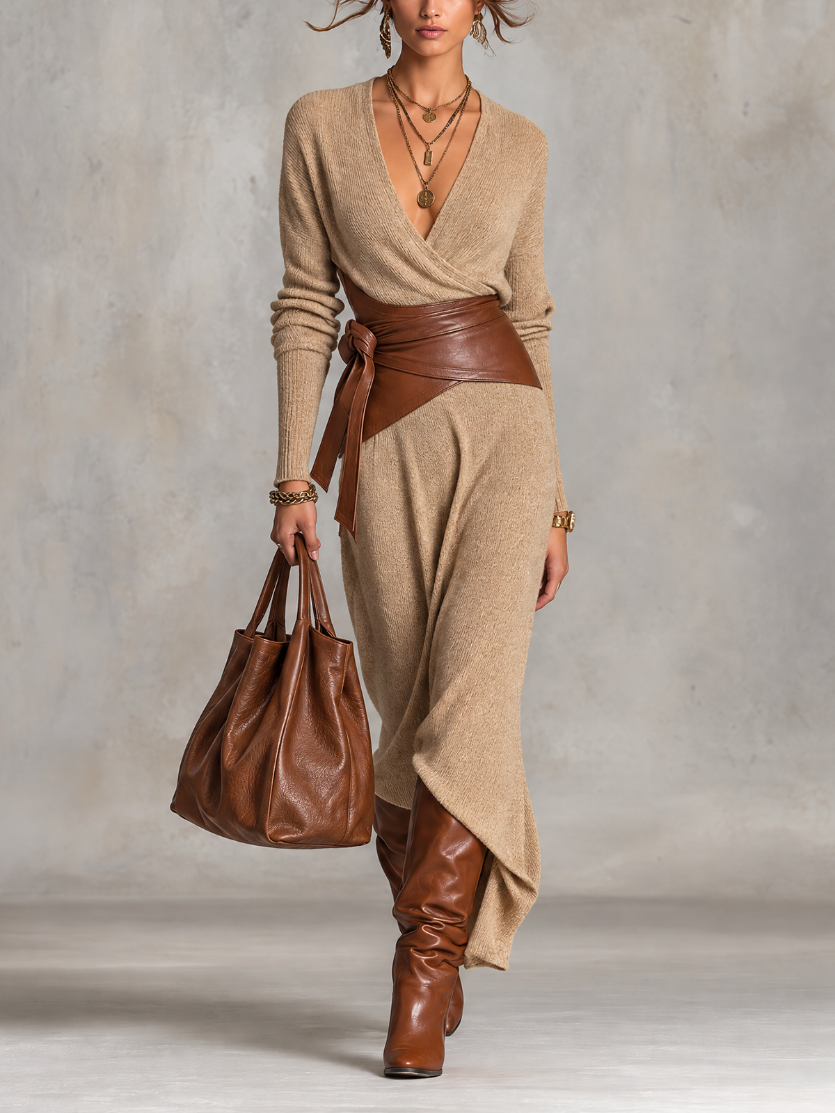 Beige Ribbed Knit Wrap V-Neck Asymmetric Maxi Dress