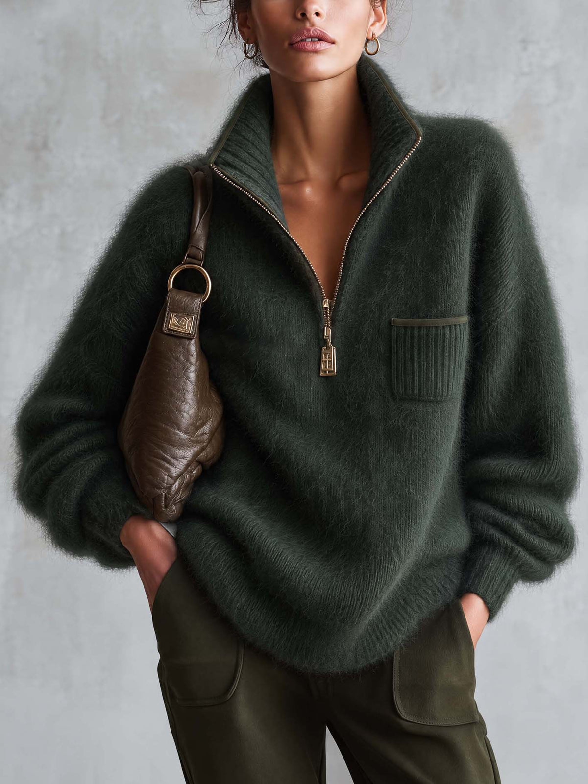Forest Green Fuzzy Mohair Half-Zip Sweater With Suede Trim