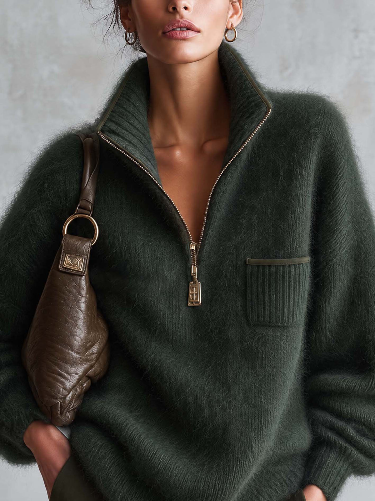 Forest Green Fuzzy Mohair Half-Zip Sweater With Suede Trim