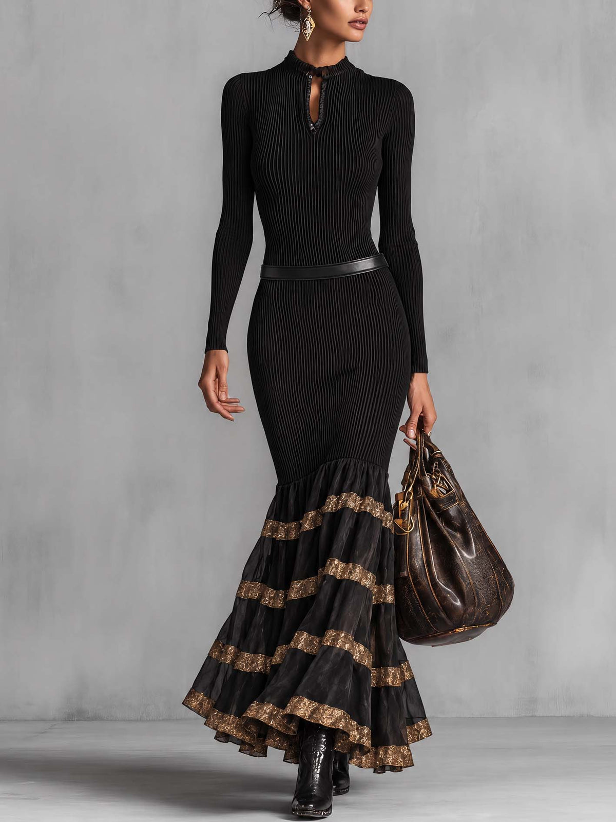 Black Ribbed Bodycon Maxi Dress With Tiered Mesh Ruffle Skirt And Gold Ribbon Trim