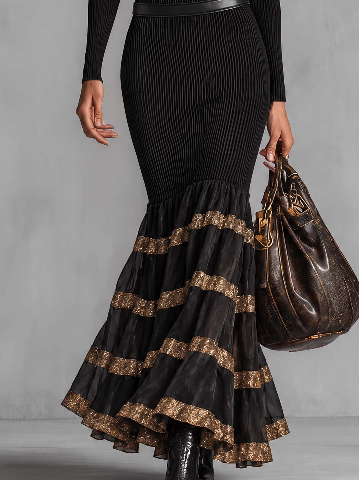 Black Ribbed Bodycon Maxi Dress With Tiered Mesh Ruffle Skirt And Gold Ribbon Trim