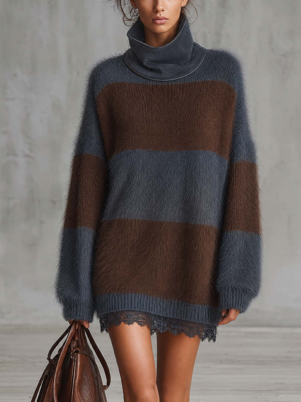 Slate Blue And Brown Striped Mohair Knit Mini Dress With Suede Funnel Collar