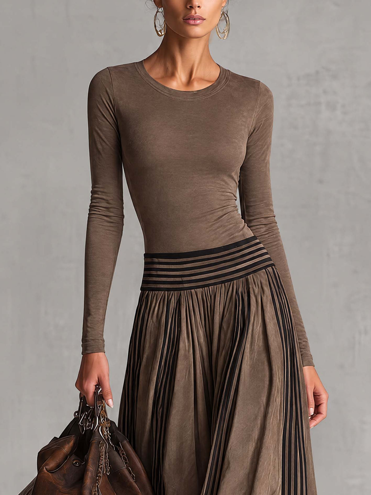 Taupe Faux Suede Bodice Maxi Dress With Striped Pleated Asymmetric Skirt