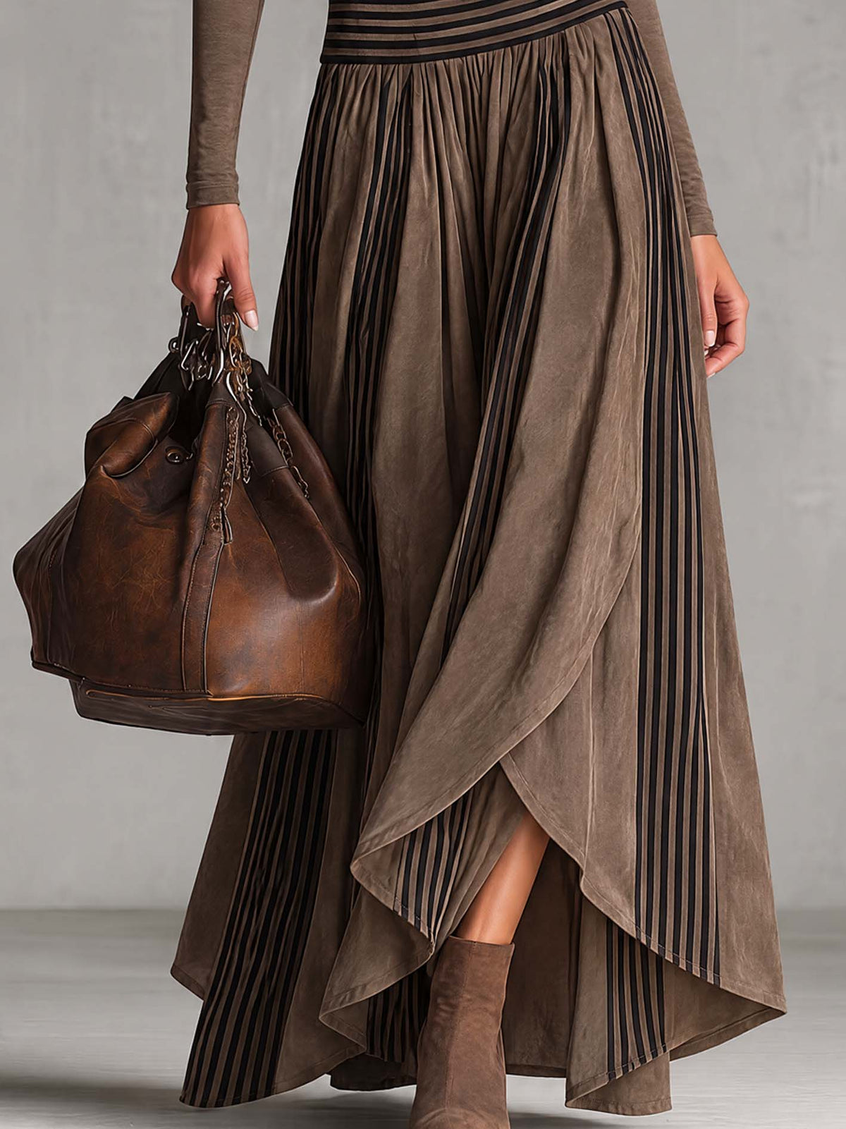 Taupe Faux Suede Bodice Maxi Dress With Striped Pleated Asymmetric Skirt