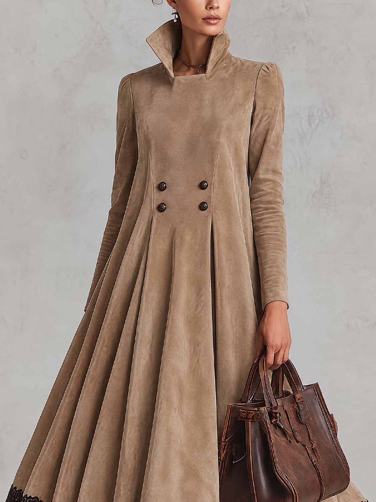 Camel Faux Suede Coat Maxi Dress With Black Lace Hem And Double-Breasted Buttons