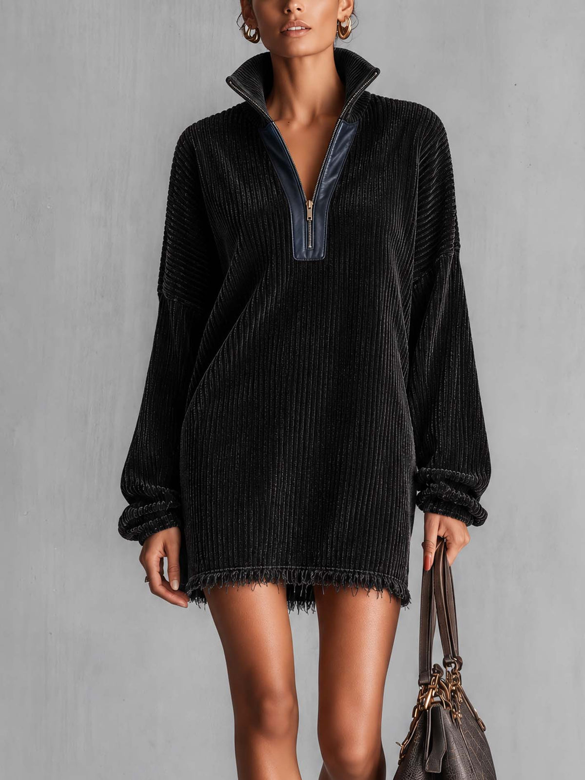 Washed Black Corduroy Mini Dress With Leather-Trim Half Zip And Frayed Hem