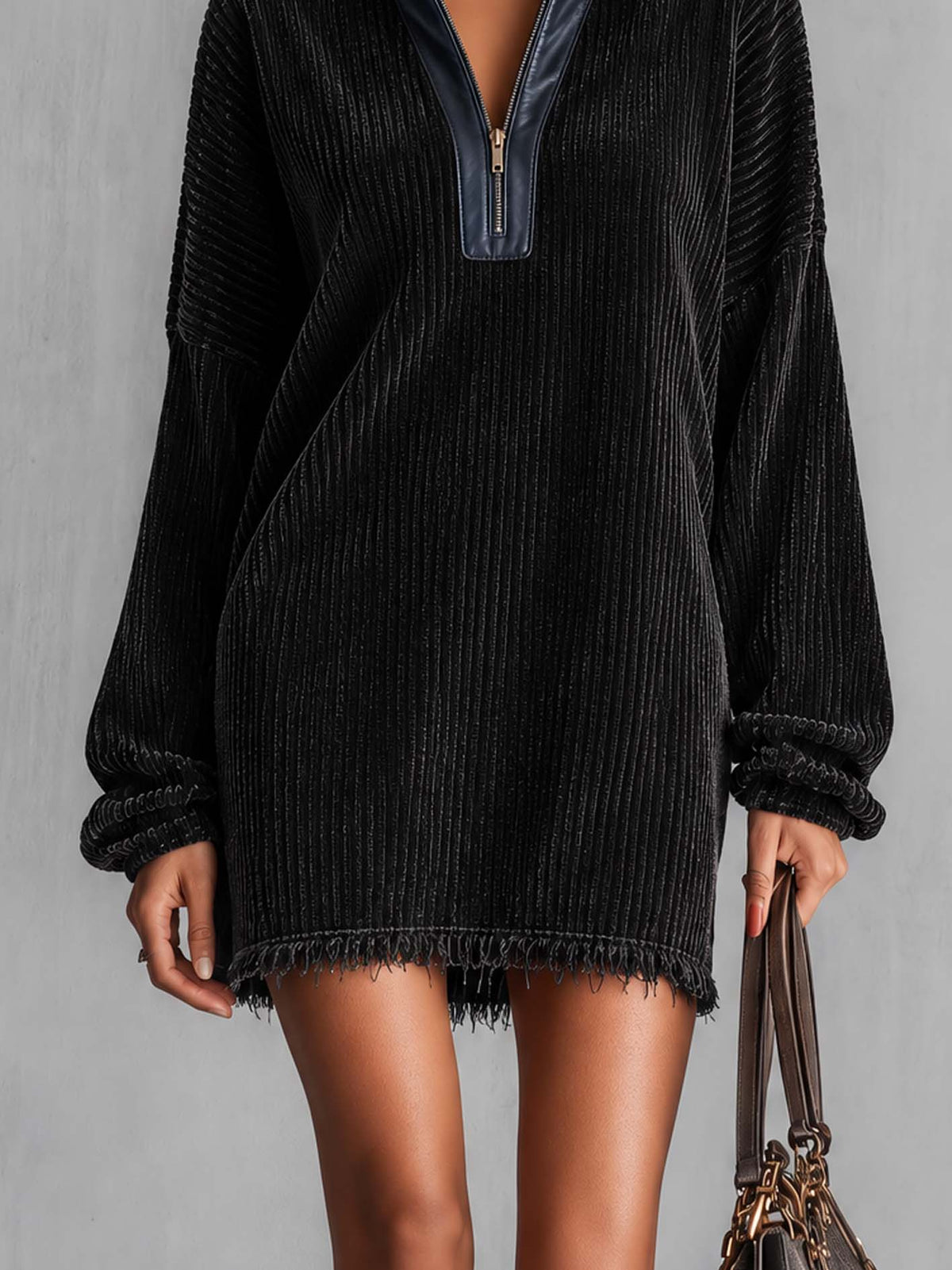 Washed Black Corduroy Mini Dress With Leather-Trim Half Zip And Frayed Hem
