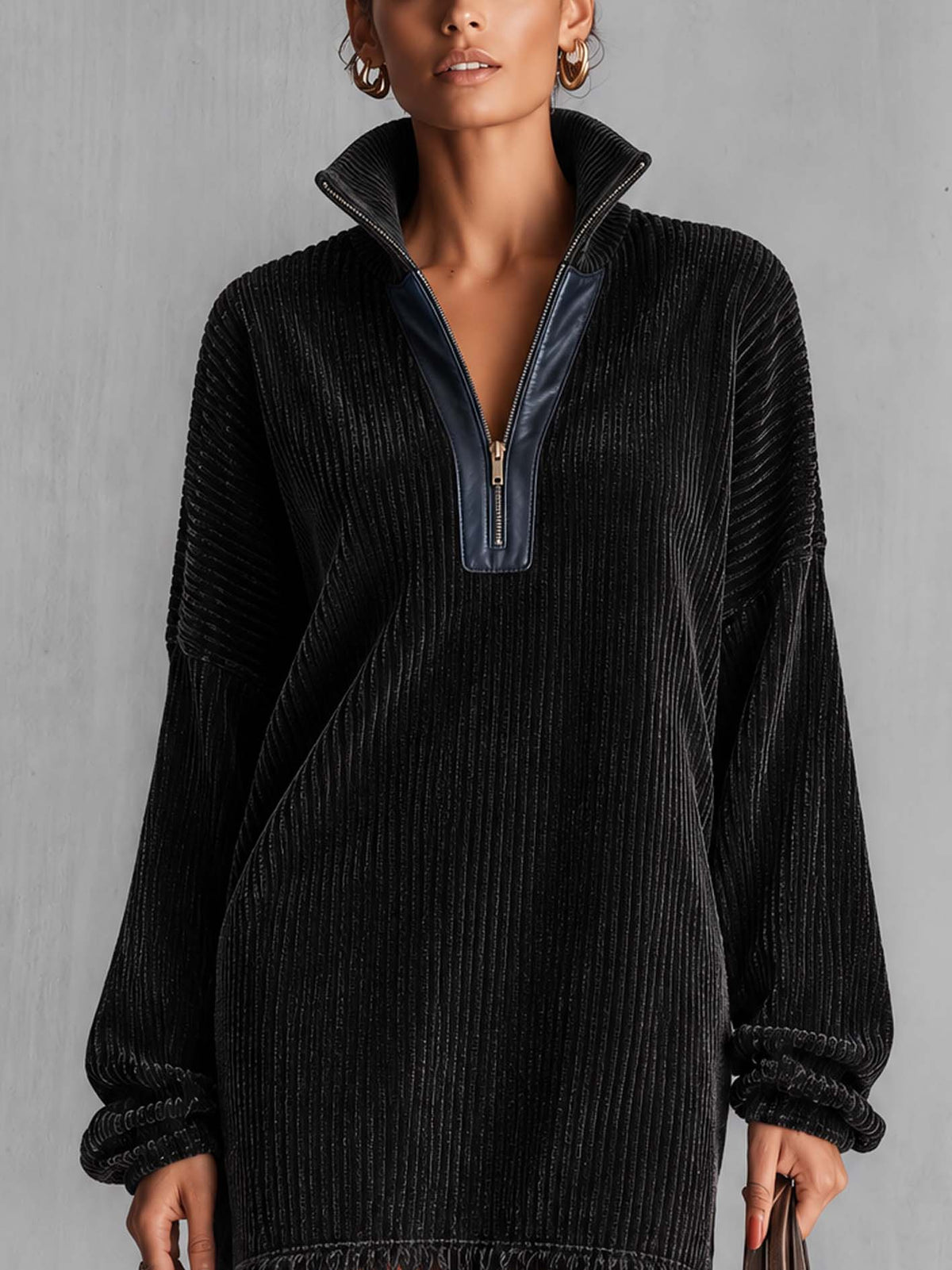 Washed Black Corduroy Mini Dress With Leather-Trim Half Zip And Frayed Hem
