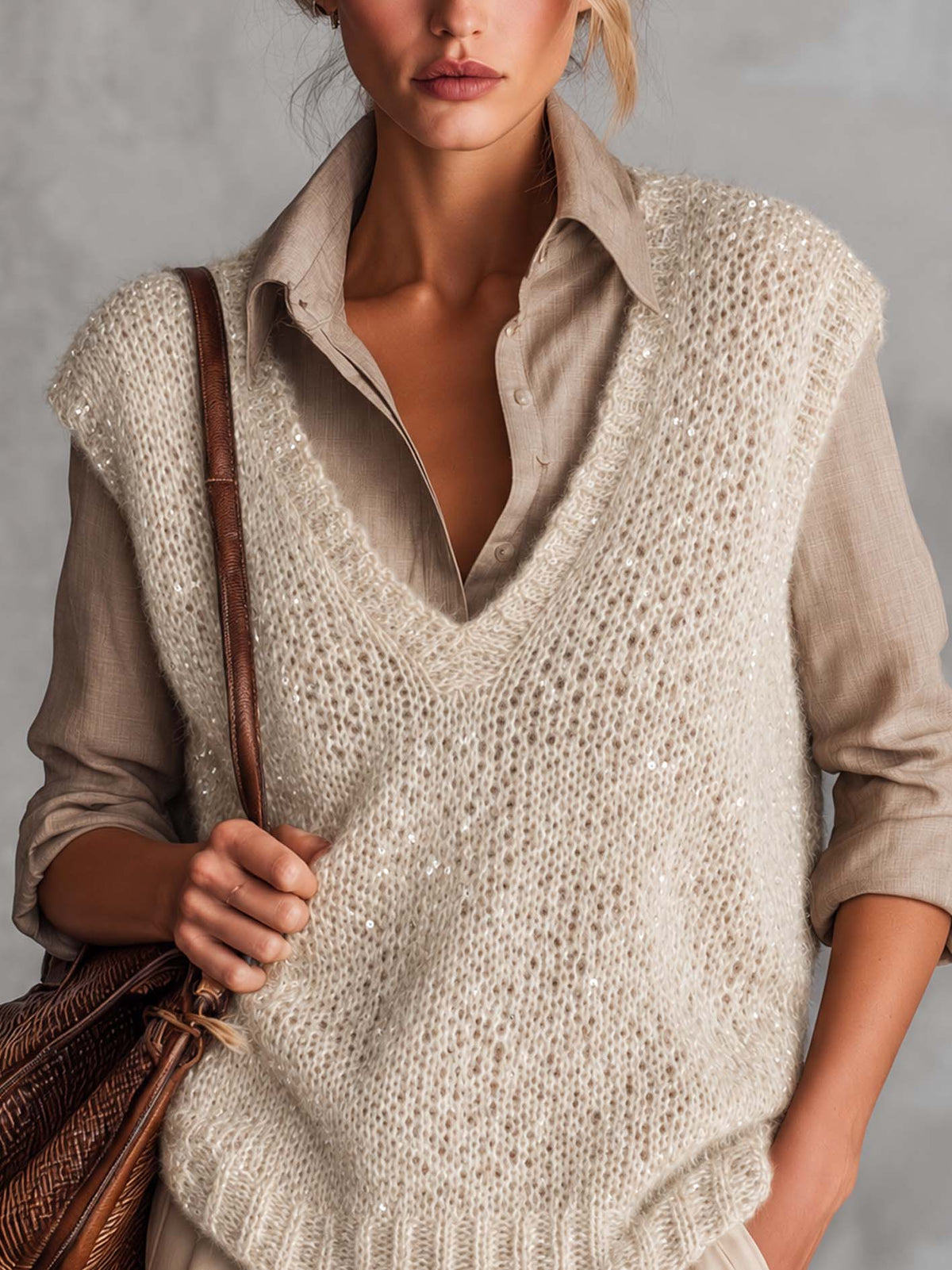 Beige Sequin Open-Knit Sweater Vest And Taupe Linen Shirt Set