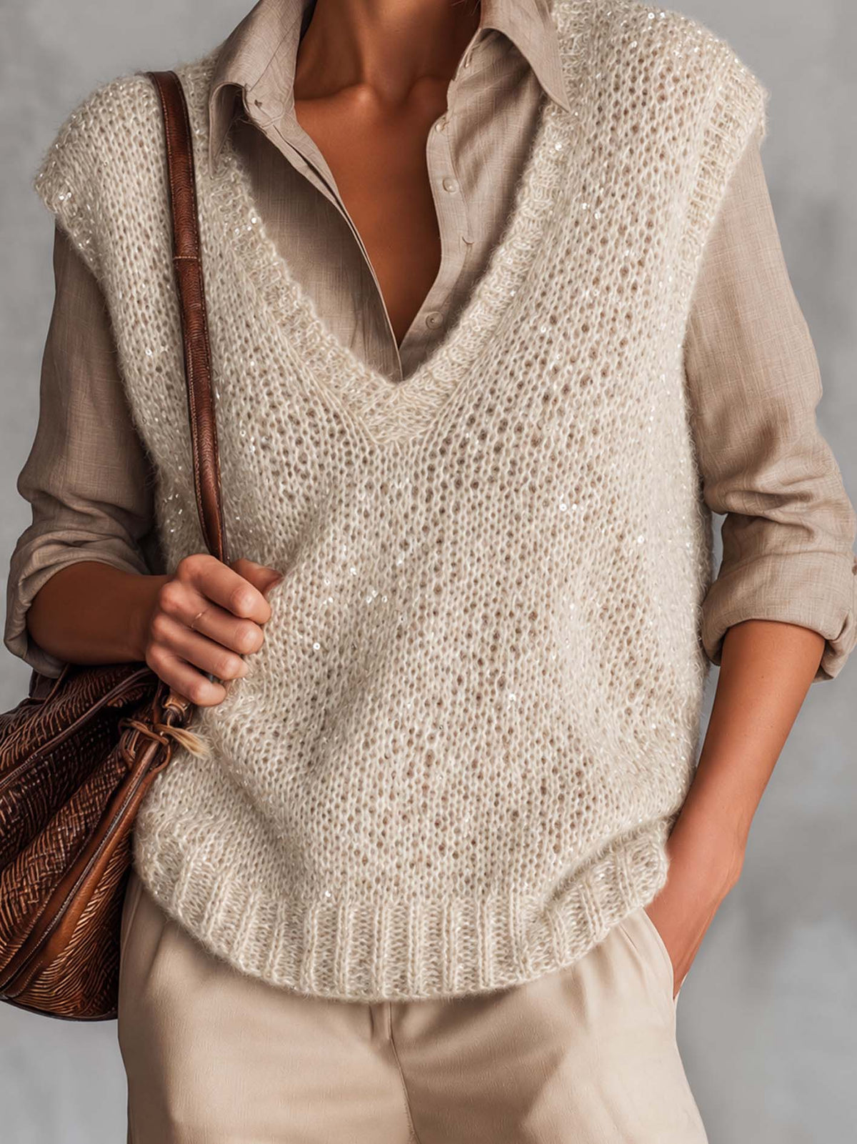Beige Sequin Open-Knit Sweater Vest And Taupe Linen Shirt Set