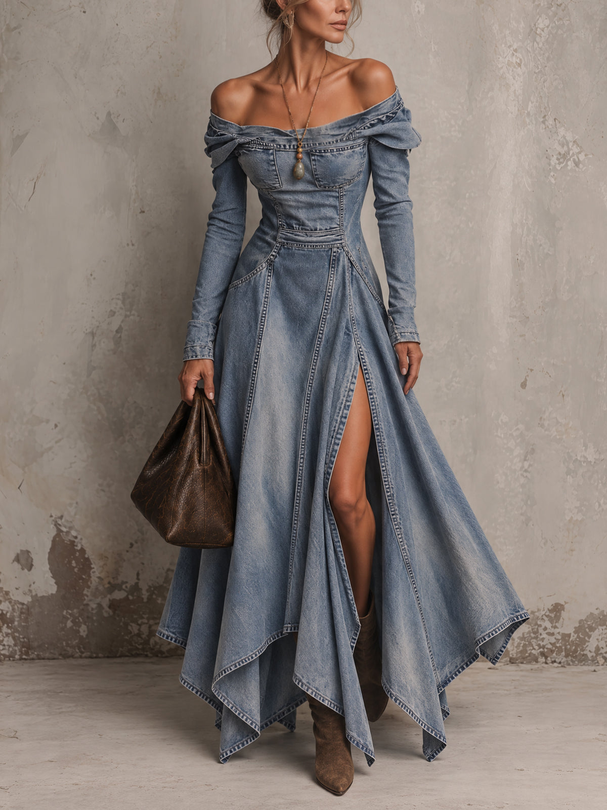 Blue Washed Denim Off Shoulder Handkerchief Hem Maxi Dress