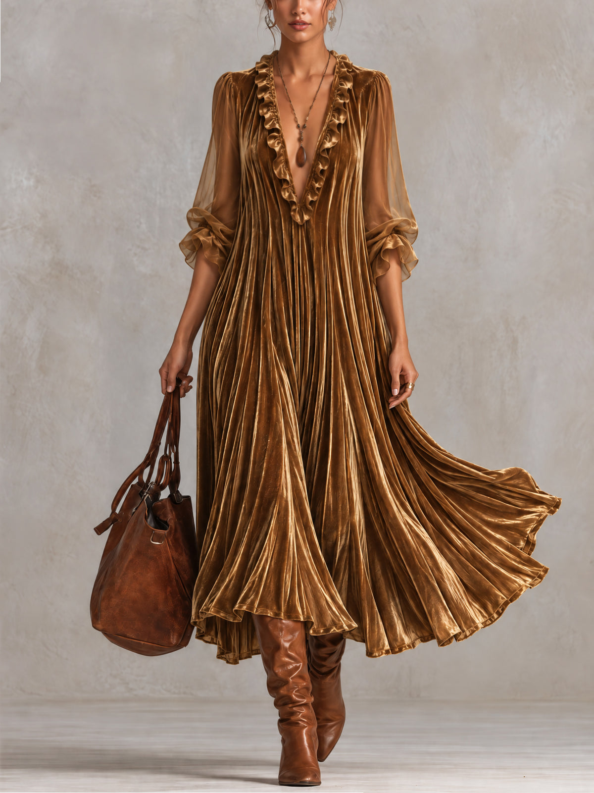 Gold Velvet Deep V-Neck Ruffle Trim Sheer Chiffon Sleeve Swing Midi Dress