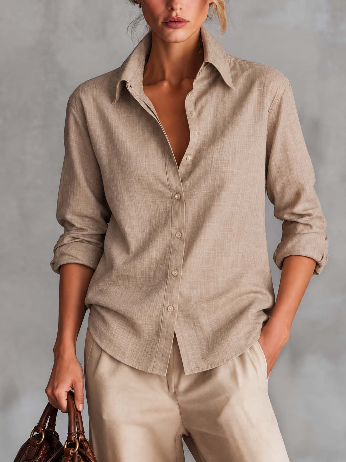 Beige Sequin Open-Knit Sweater Vest And Taupe Linen Shirt Set