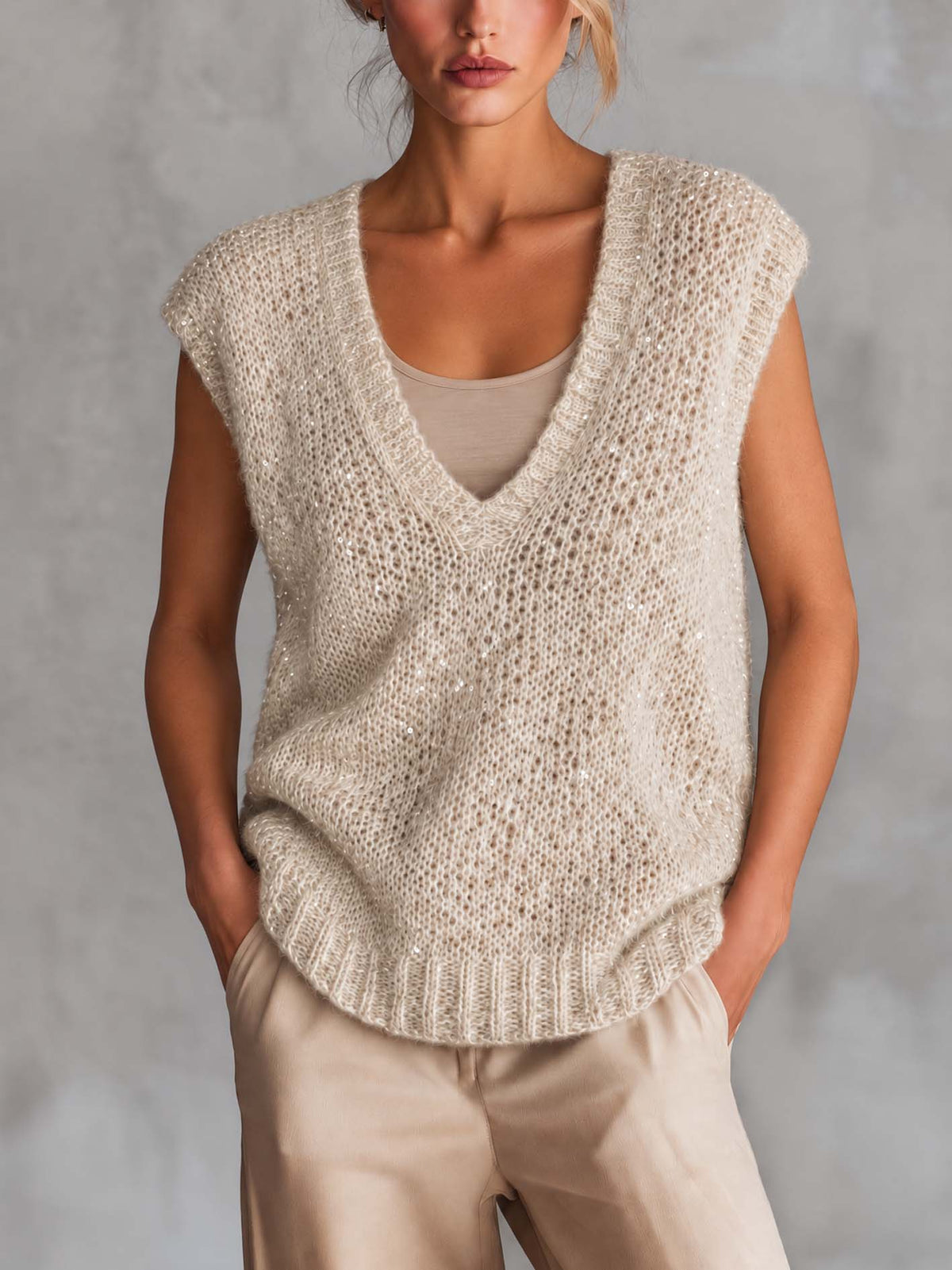 Beige Sequin Open-Knit Sweater Vest And Taupe Linen Shirt Set