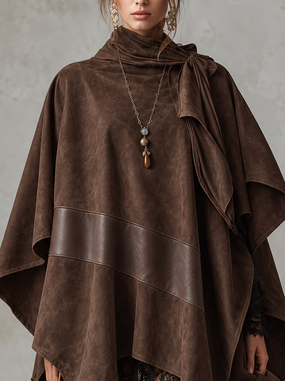 Brown Oversized Faux Suede Patchwork PU Leather Cowl Neck Mini Dress