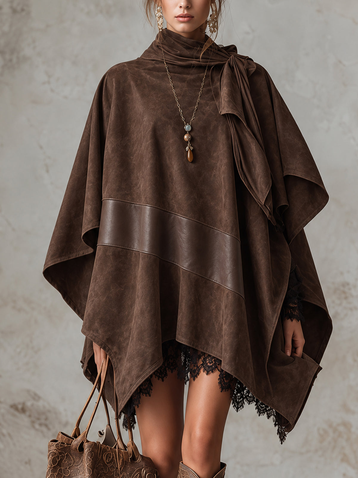 Brown Oversized Faux Suede Patchwork PU Leather Cowl Neck Mini Dress