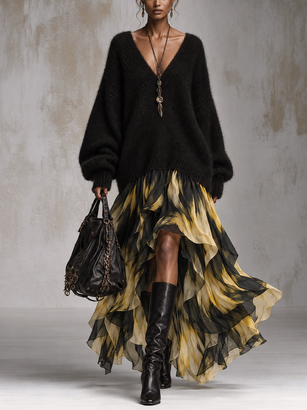 Black Oversized Fuzzy Knit V-Neck Gradient Print Chiffon Ruffle Hem Maxi Dress