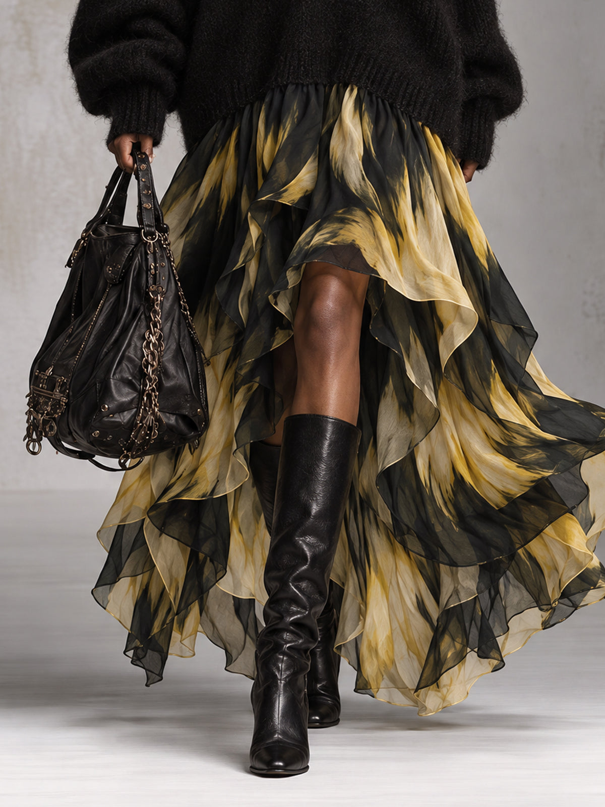 Black Oversized Fuzzy Knit V-Neck Gradient Print Chiffon Ruffle Hem Maxi Dress