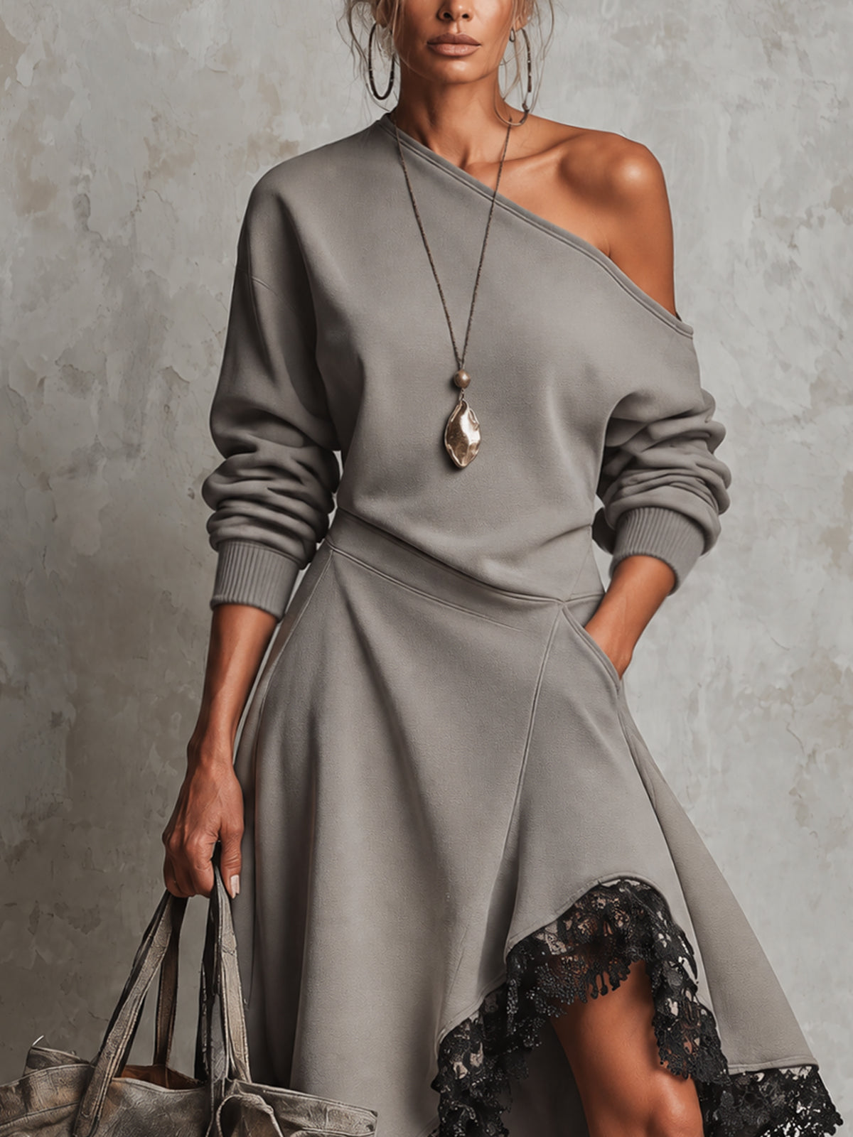 Gray Relaxed Asymmetric One Shoulder Black Lace Trim Midi Dress