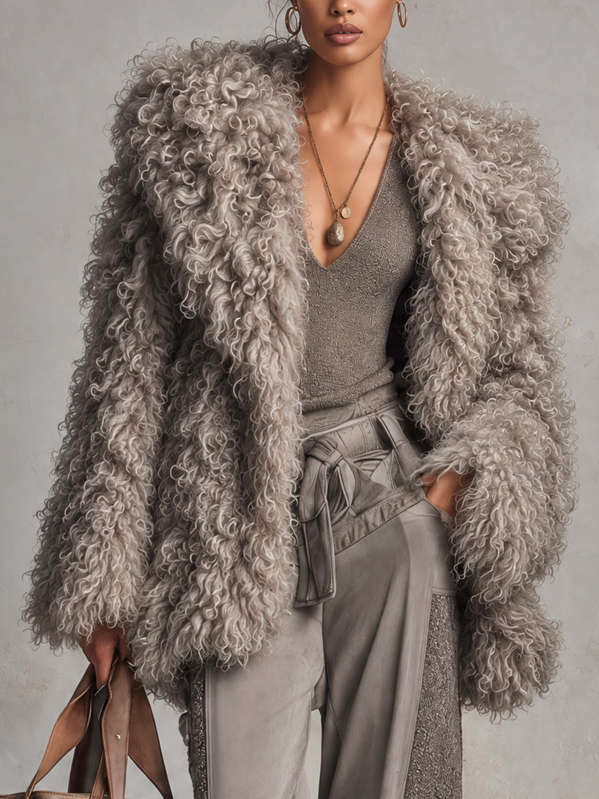 Gray Oversized Curly Faux Fur Open Front Short Coat
