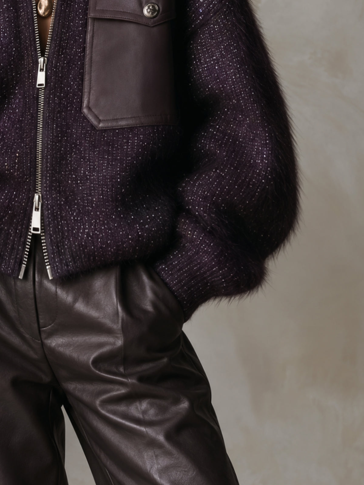 Purple Oversized Fuzzy Glitter Knit Dual Zip Up Sweater Jacket