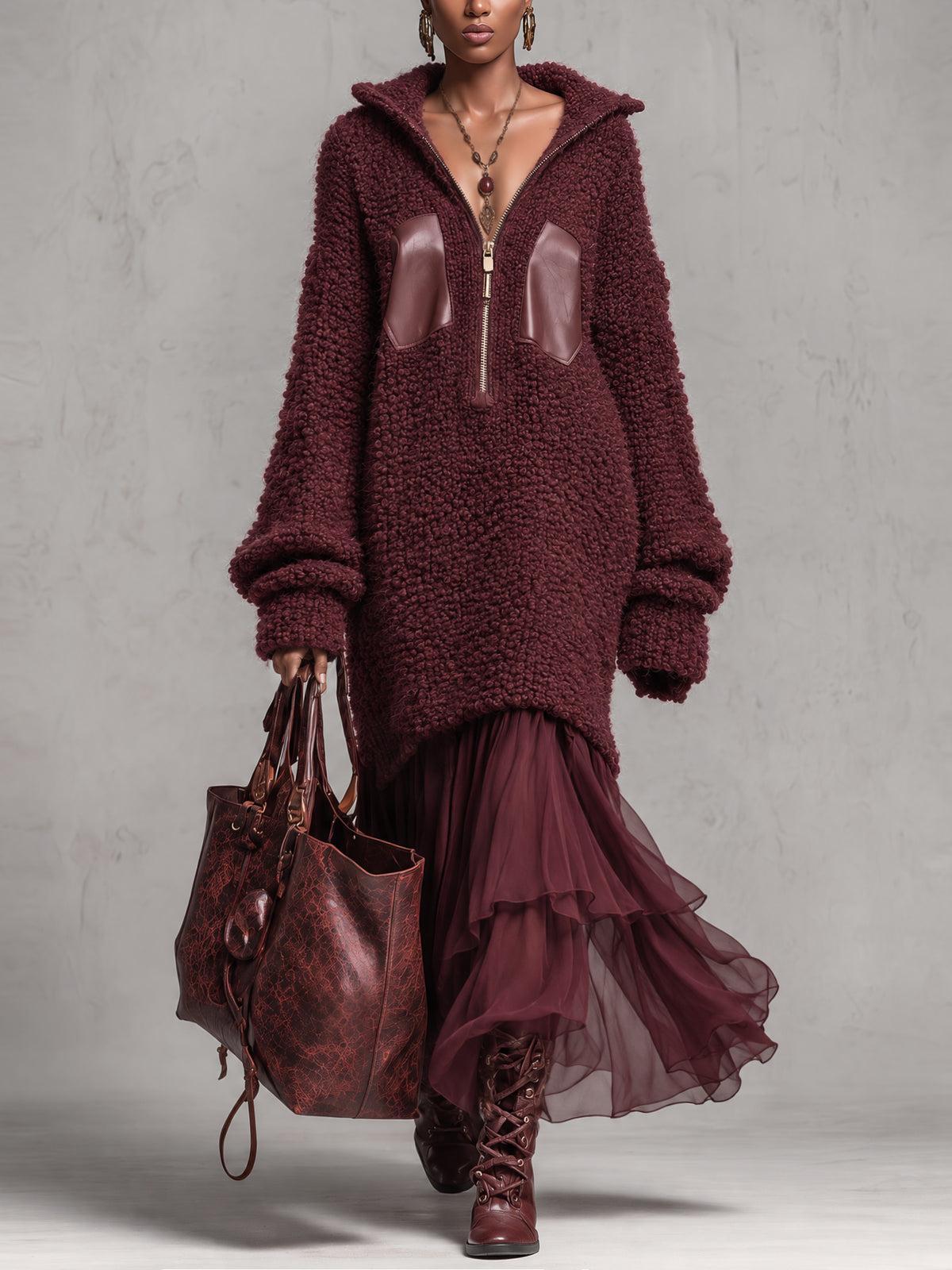 Wine Red Oversized Loop Knit Half Zip Chiffon Ruffle Hem Maxi Dress