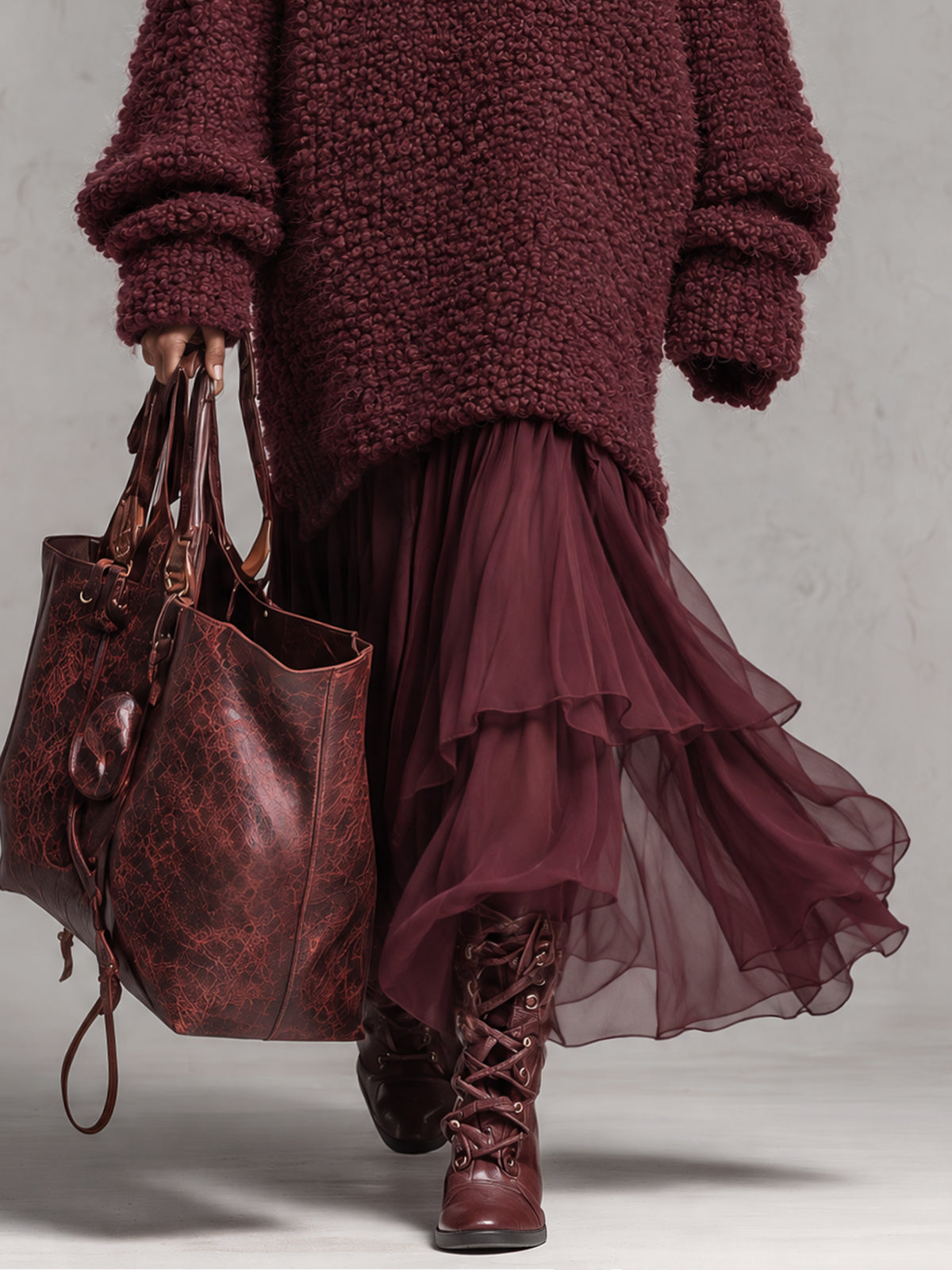 Wine Red Oversized Loop Knit Half Zip Chiffon Ruffle Hem Maxi Dress