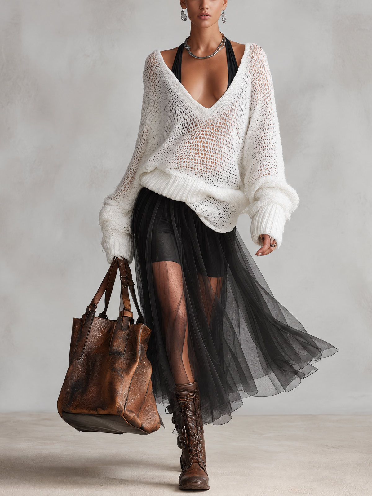 White Chunky Knit V-Neck Tulle Hem Midi Dress