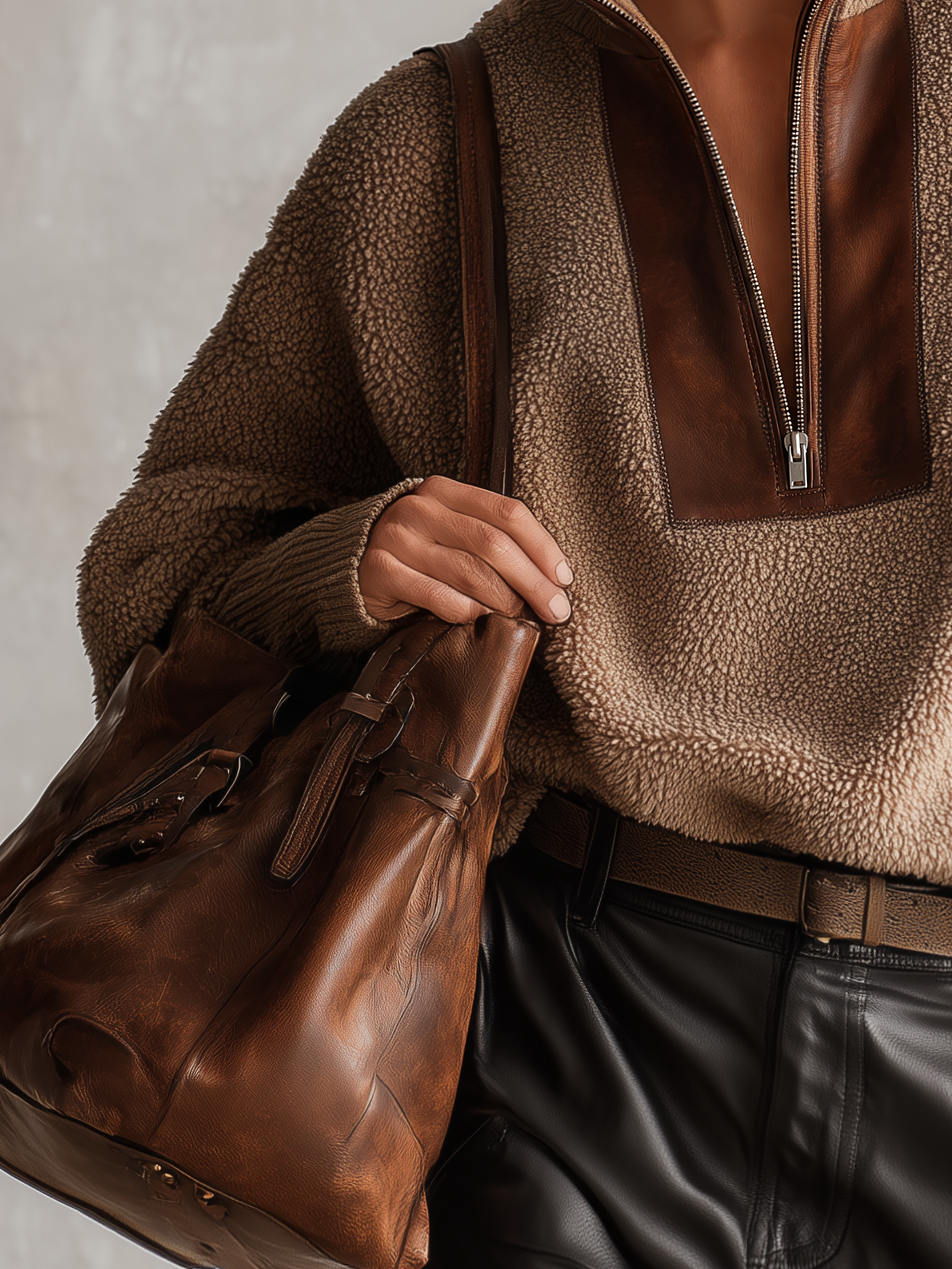 Camel Sherpa Fleece Half Zip Top With Pu Leather Panel