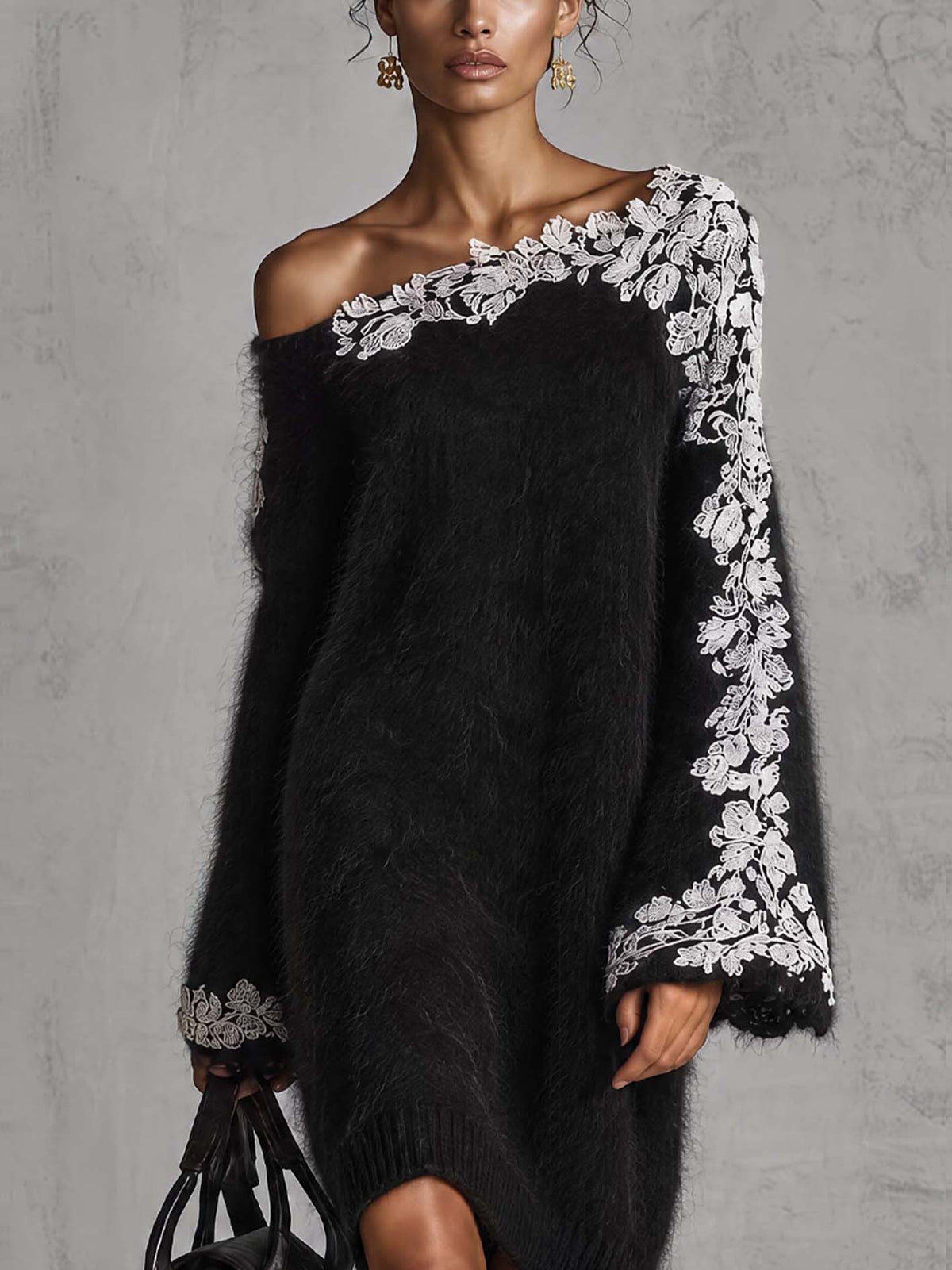 Black Fuzzy Mohair Knit Mini Dress With Asymmetric Neckline And White Lace Sleeve
