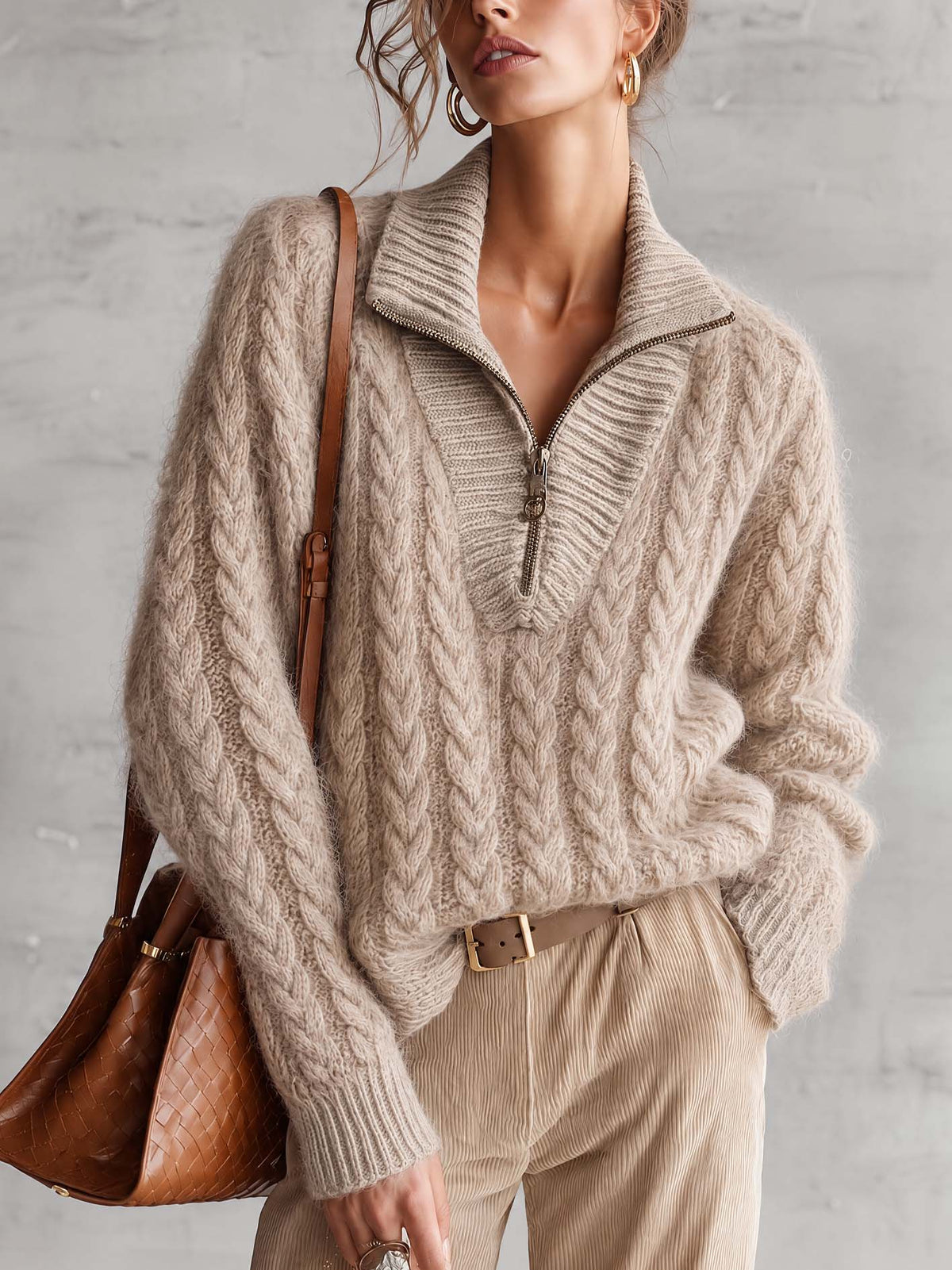 Oatmeal Beige Cable Knit Half-Zip Sweater With Contrast Ribbed Placket