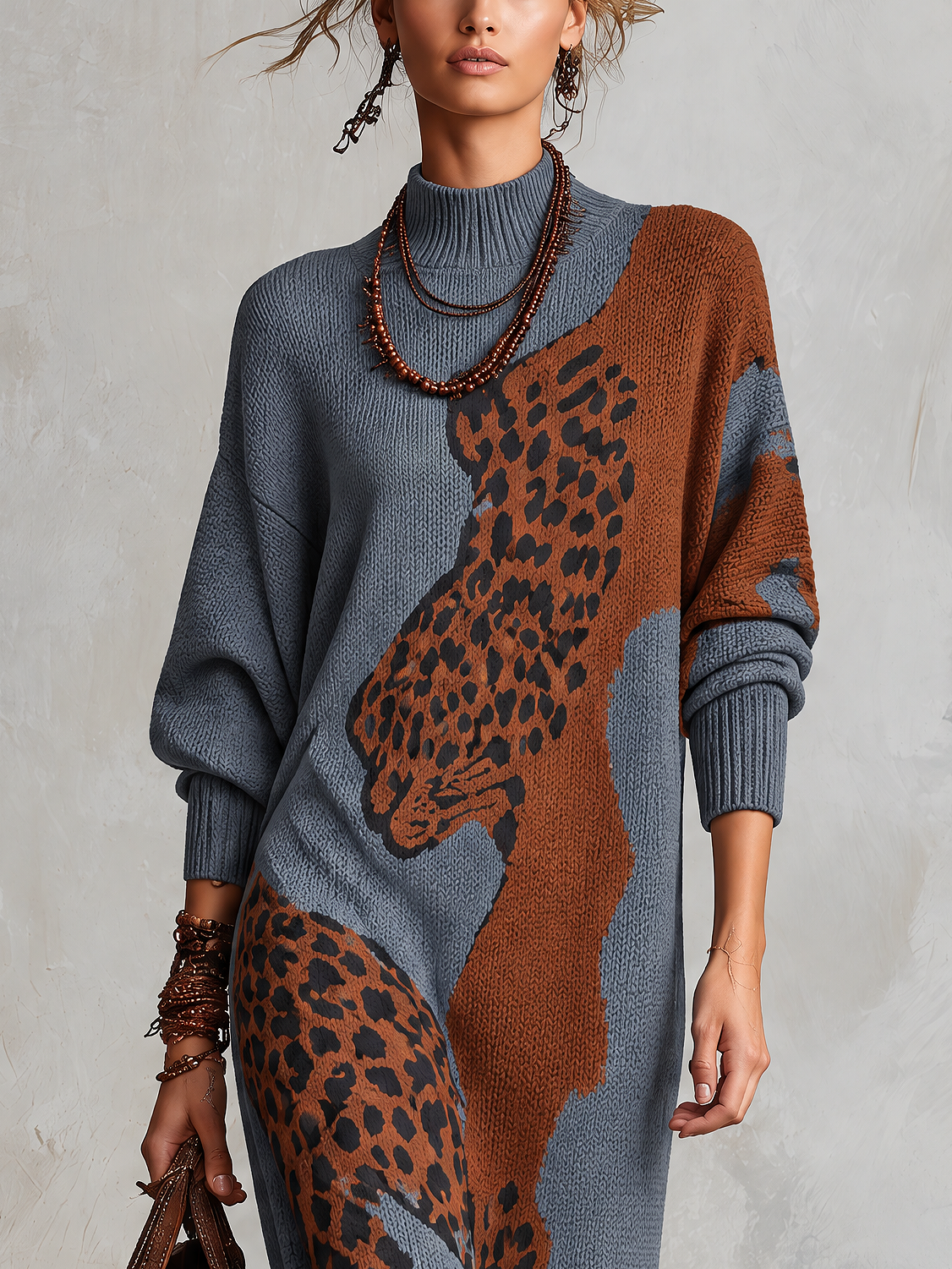 Slate Blue Leopard Pattern Turtleneck Knit Maxi Dress