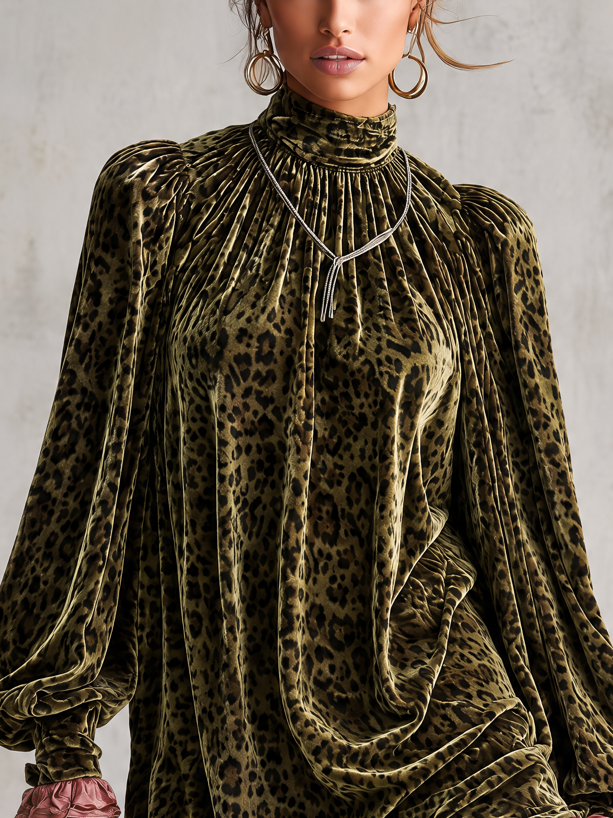 Olive Leopard Velvet Satin Ruffle Hem Mini Dress