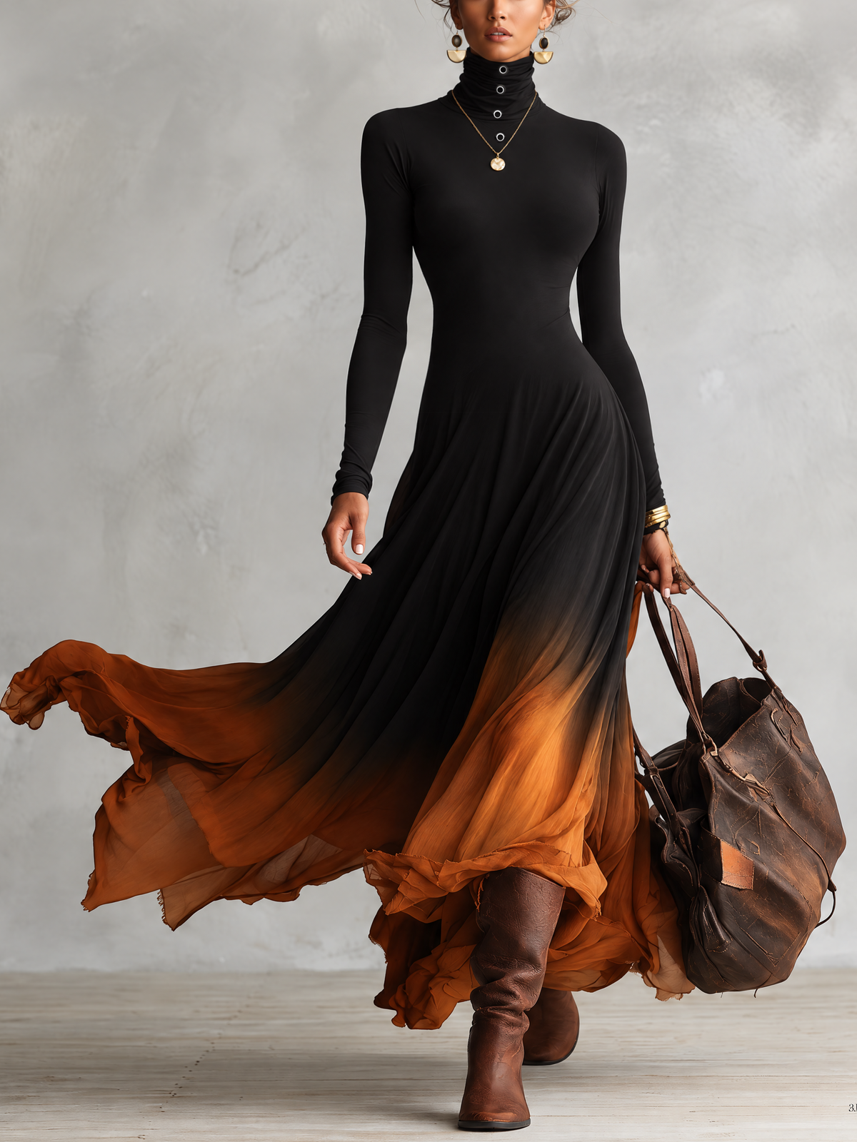 Black To Rust Gradient Turtleneck Long Sleeve Maxi Dress