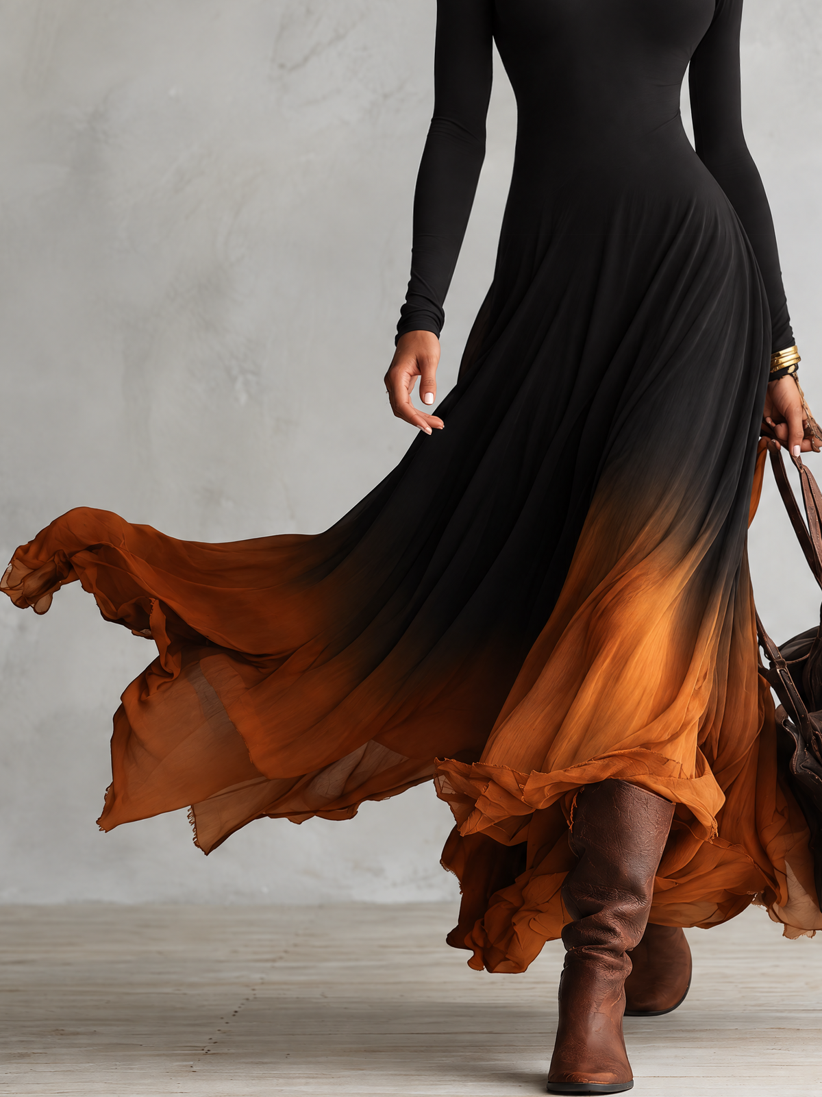 Black To Rust Gradient Turtleneck Long Sleeve Maxi Dress