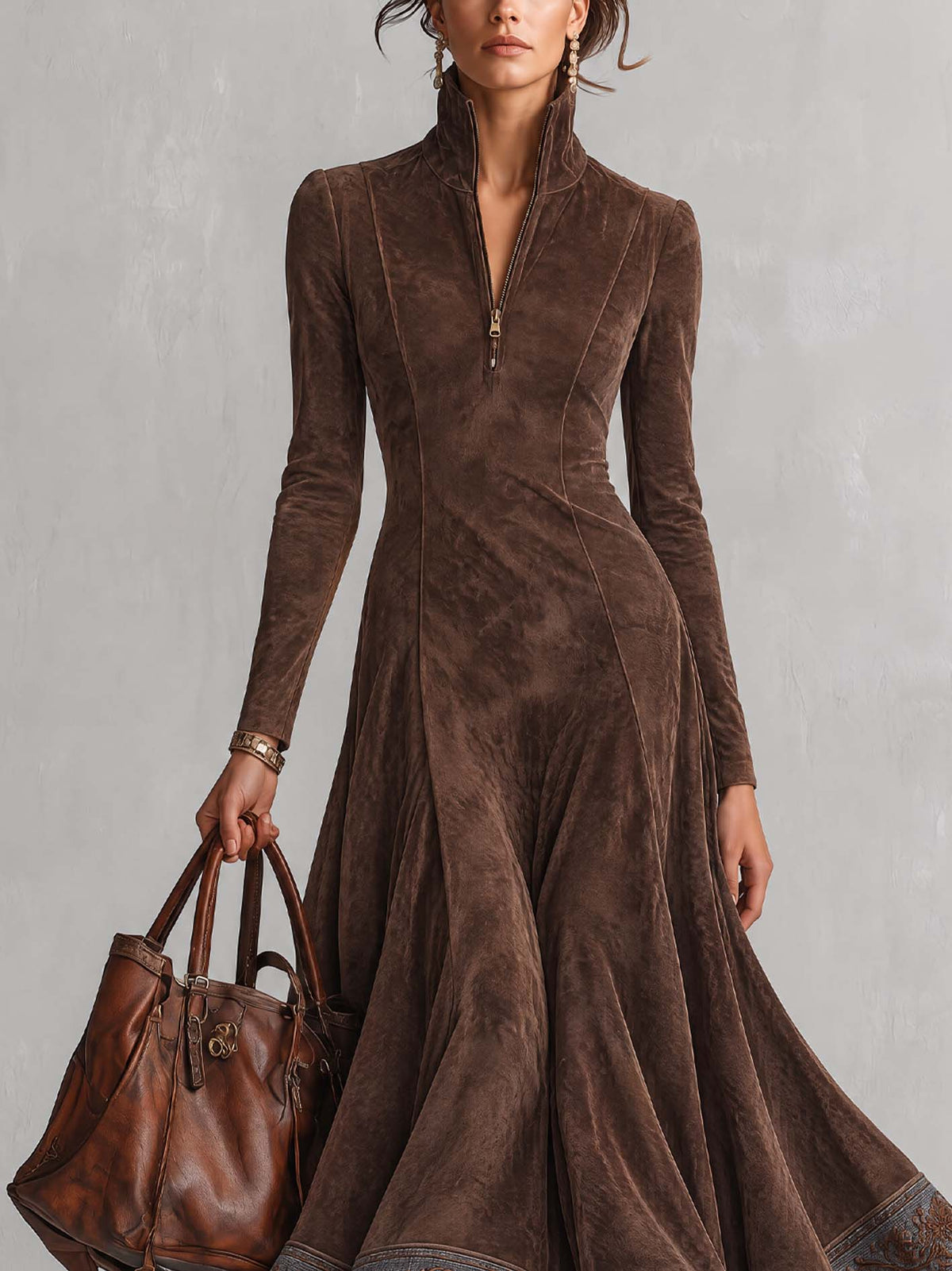 Chocolate Brown Faux Suede Maxi Dress With Vintage Embroidered Hem Band