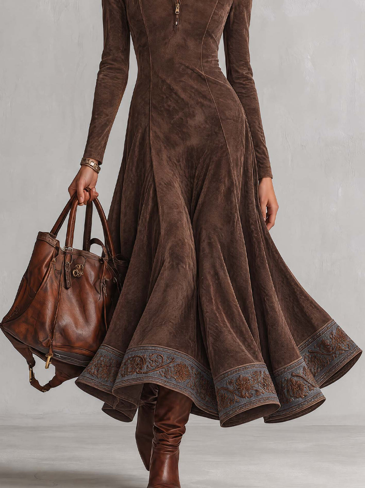 Chocolate Brown Faux Suede Maxi Dress With Vintage Embroidered Hem Band