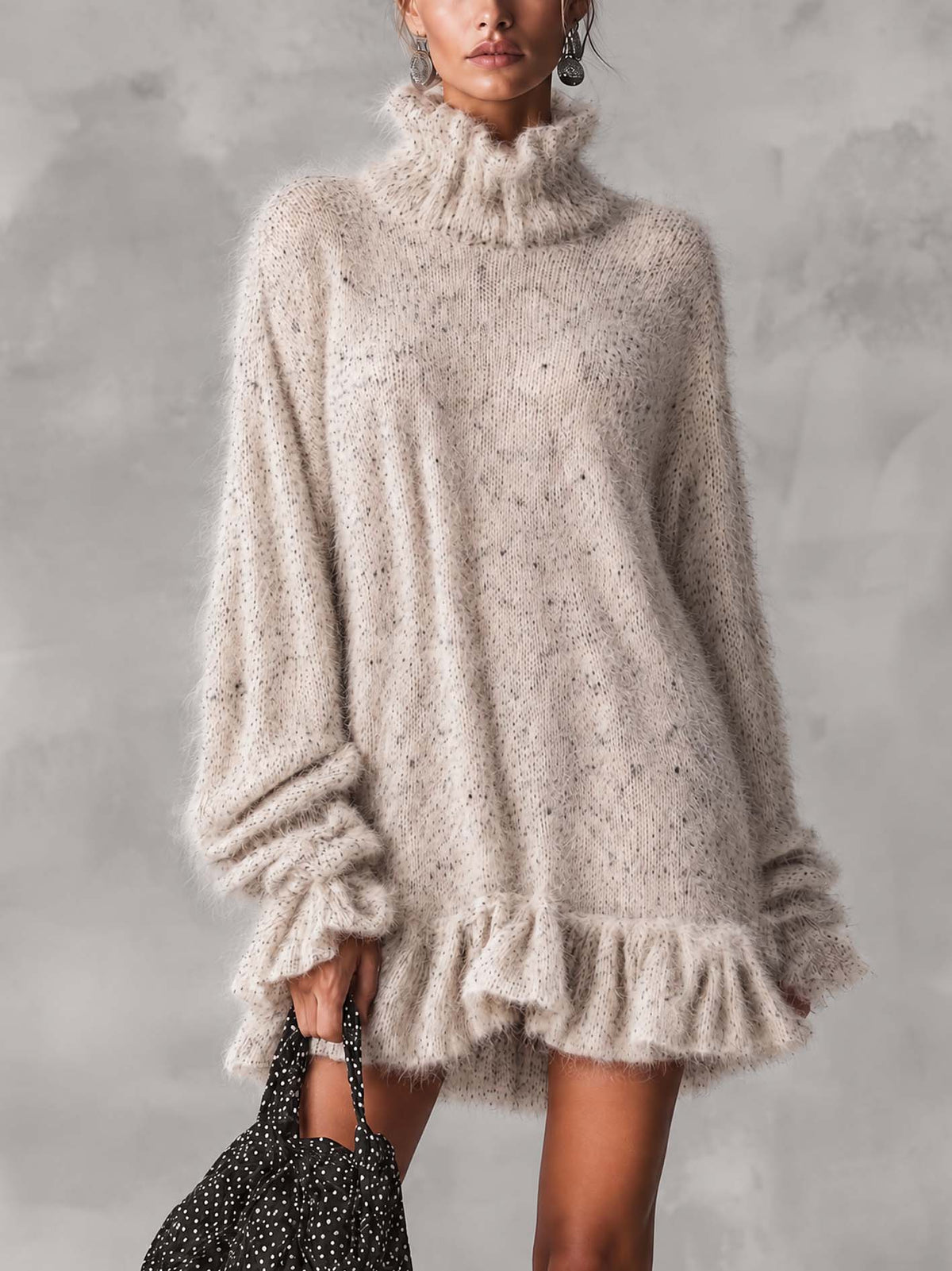 Oatmeal Speckled Fuzzy Mohair Turtleneck Mini Sweater Dress With Ruffle Hem