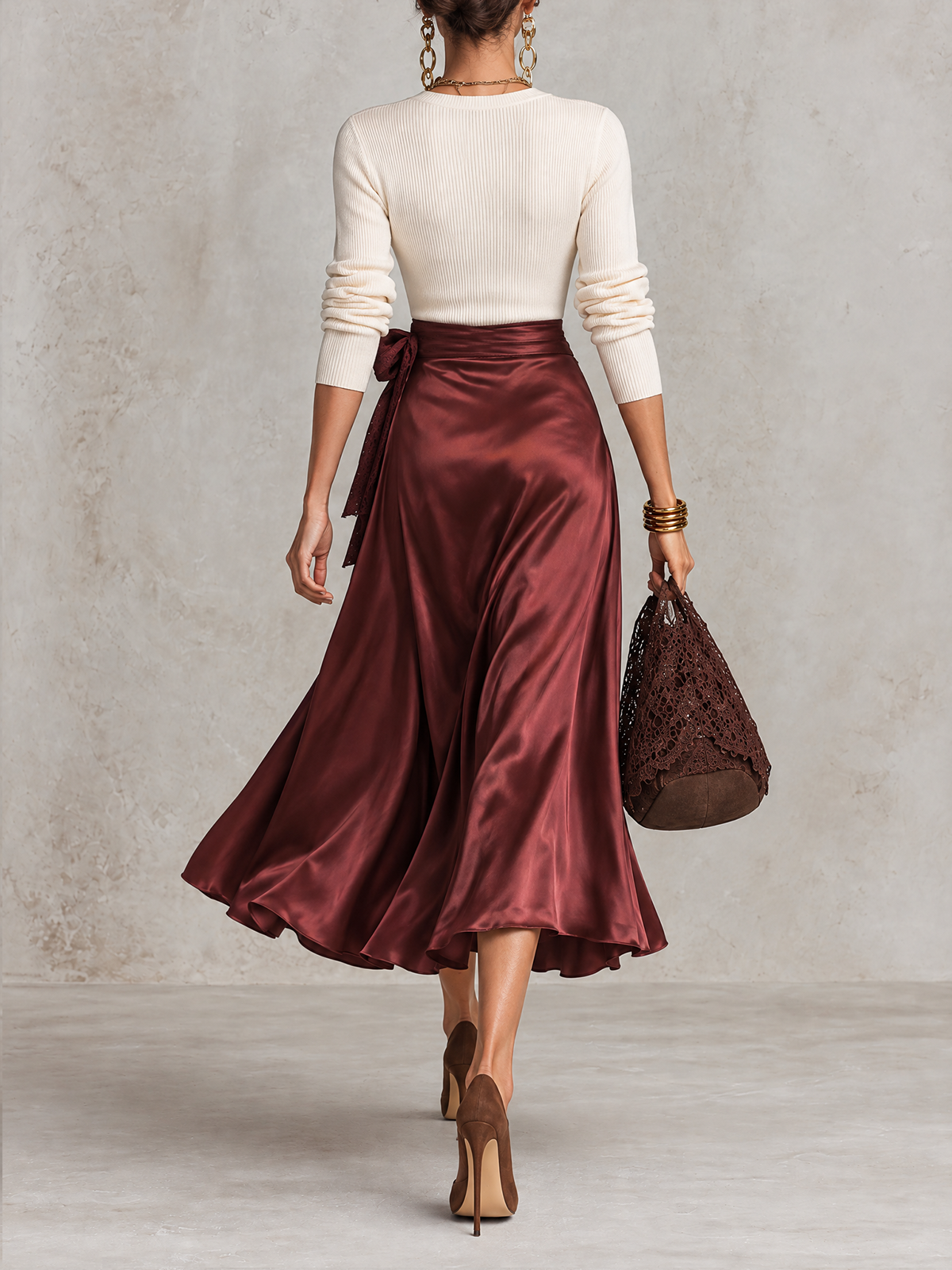 Cream Ribbed Knit V-Neck And Burgundy Satin Lace Waist Midi Dress