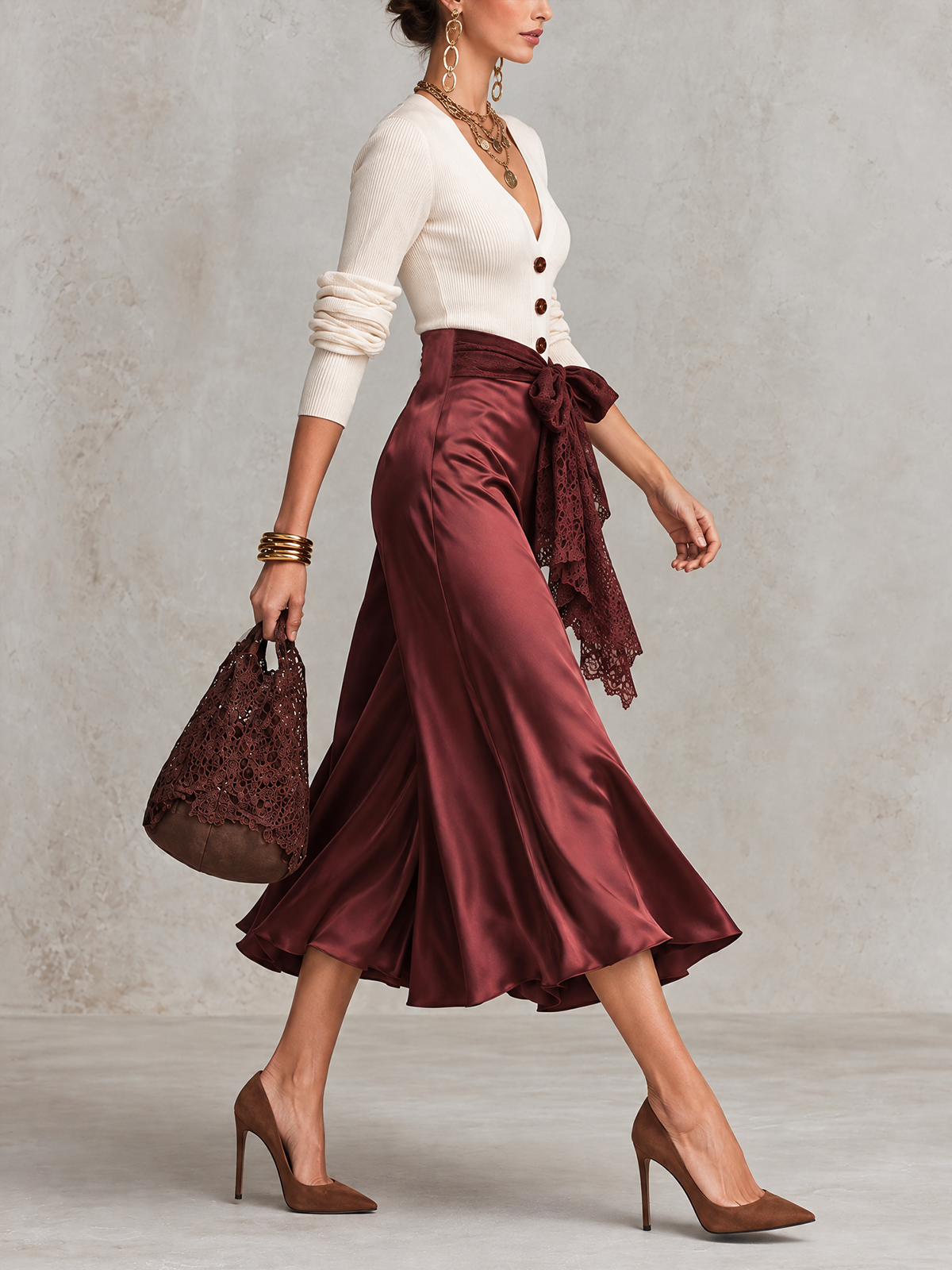 Cream Ribbed Knit V-Neck And Burgundy Satin Lace Waist Midi Dress