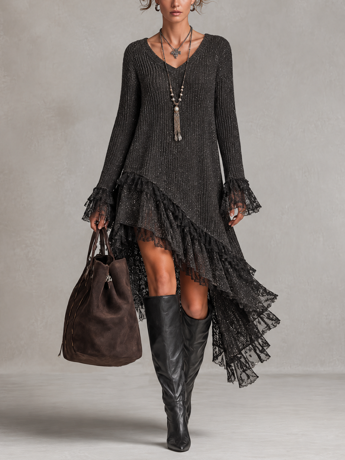 Black Sparkly Ribbed Knit V-Neck Asymmetrical Lace Ruffle Mini Dress