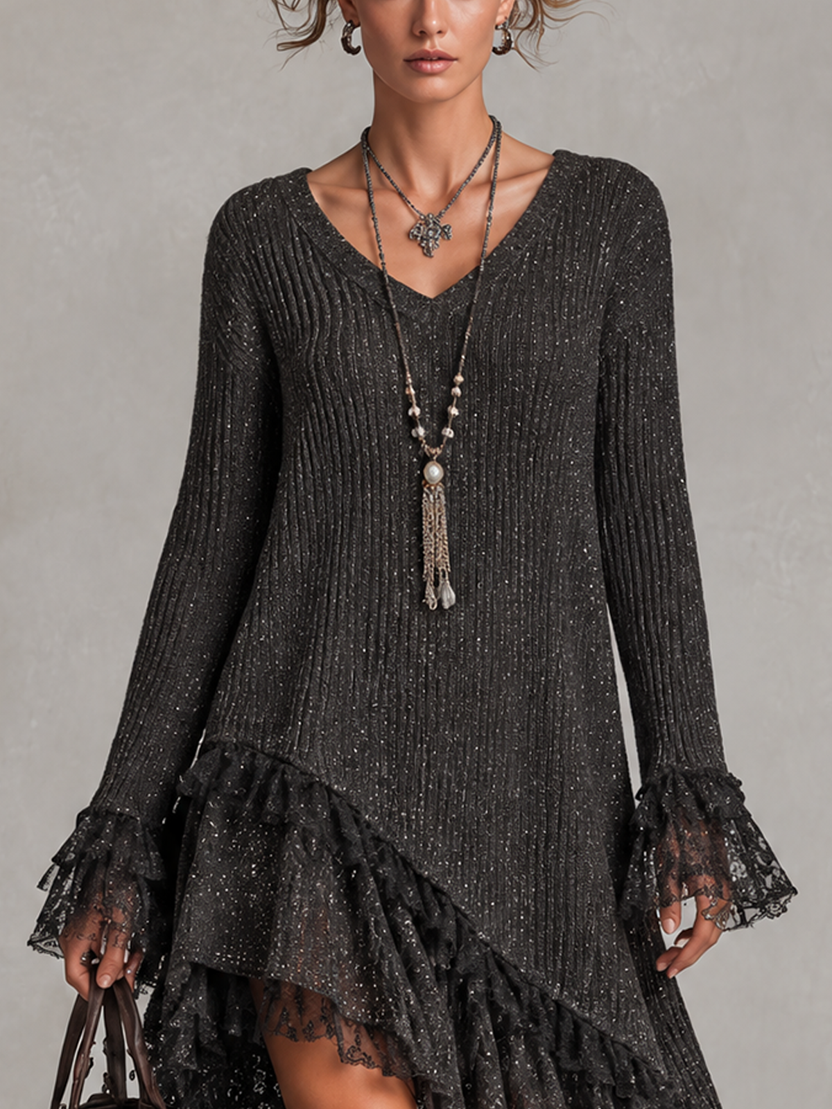 Black Sparkly Ribbed Knit V-Neck Asymmetrical Lace Ruffle Mini Dress