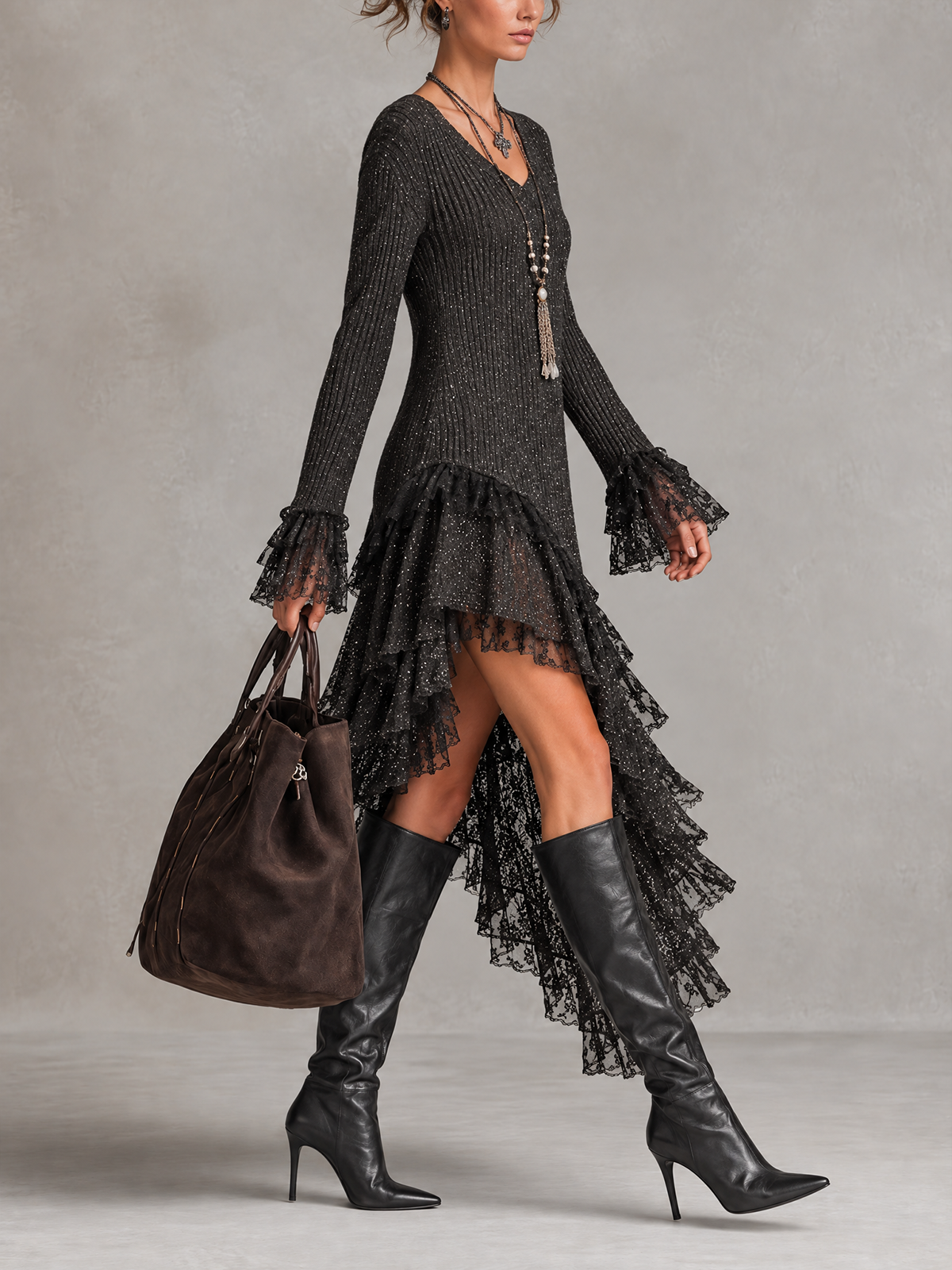 Black Sparkly Ribbed Knit V-Neck Asymmetrical Lace Ruffle Mini Dress