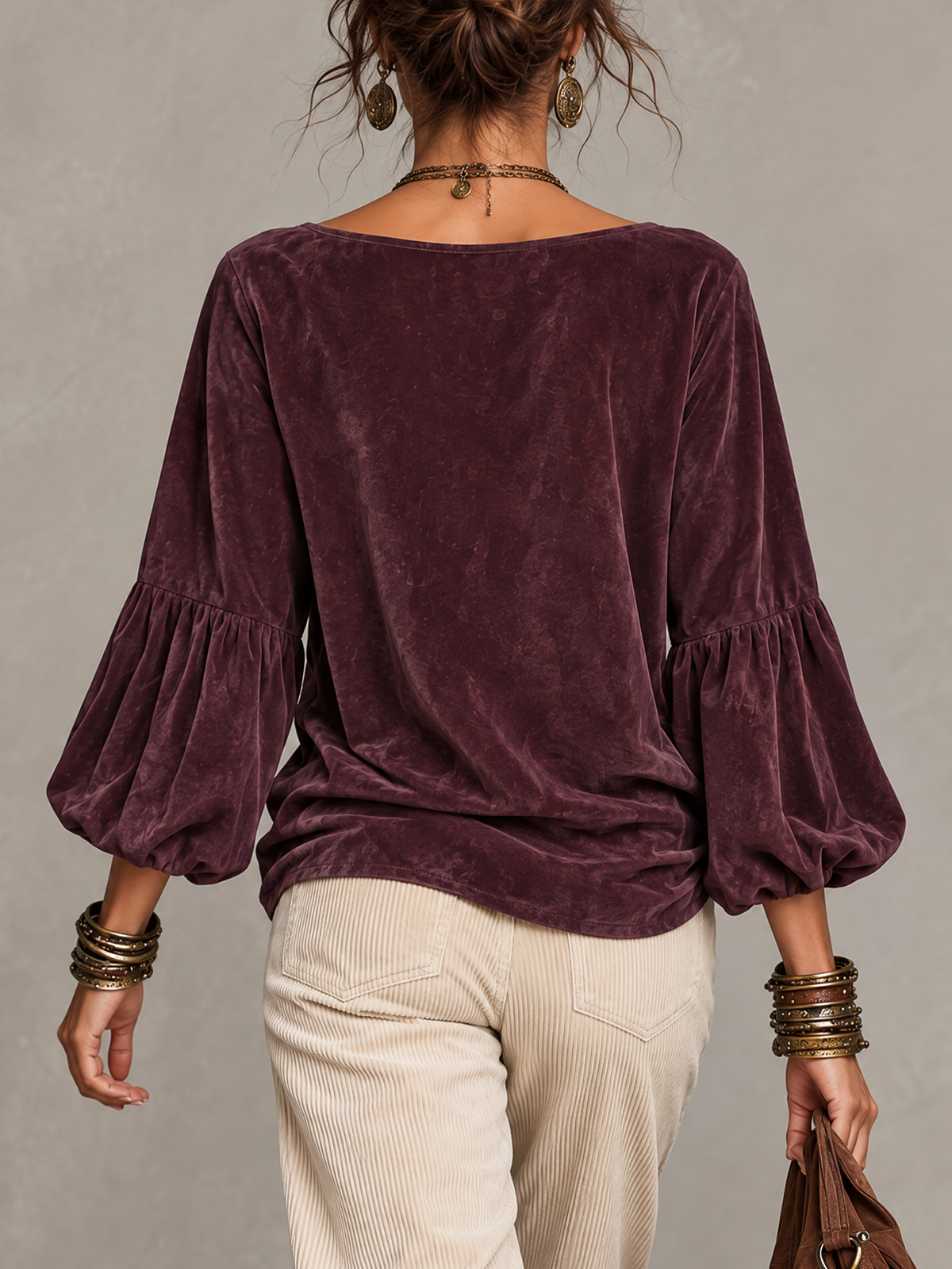 Plum Faux Suede Tie Keyhole Boat Neck Balloon Sleeve Blouse