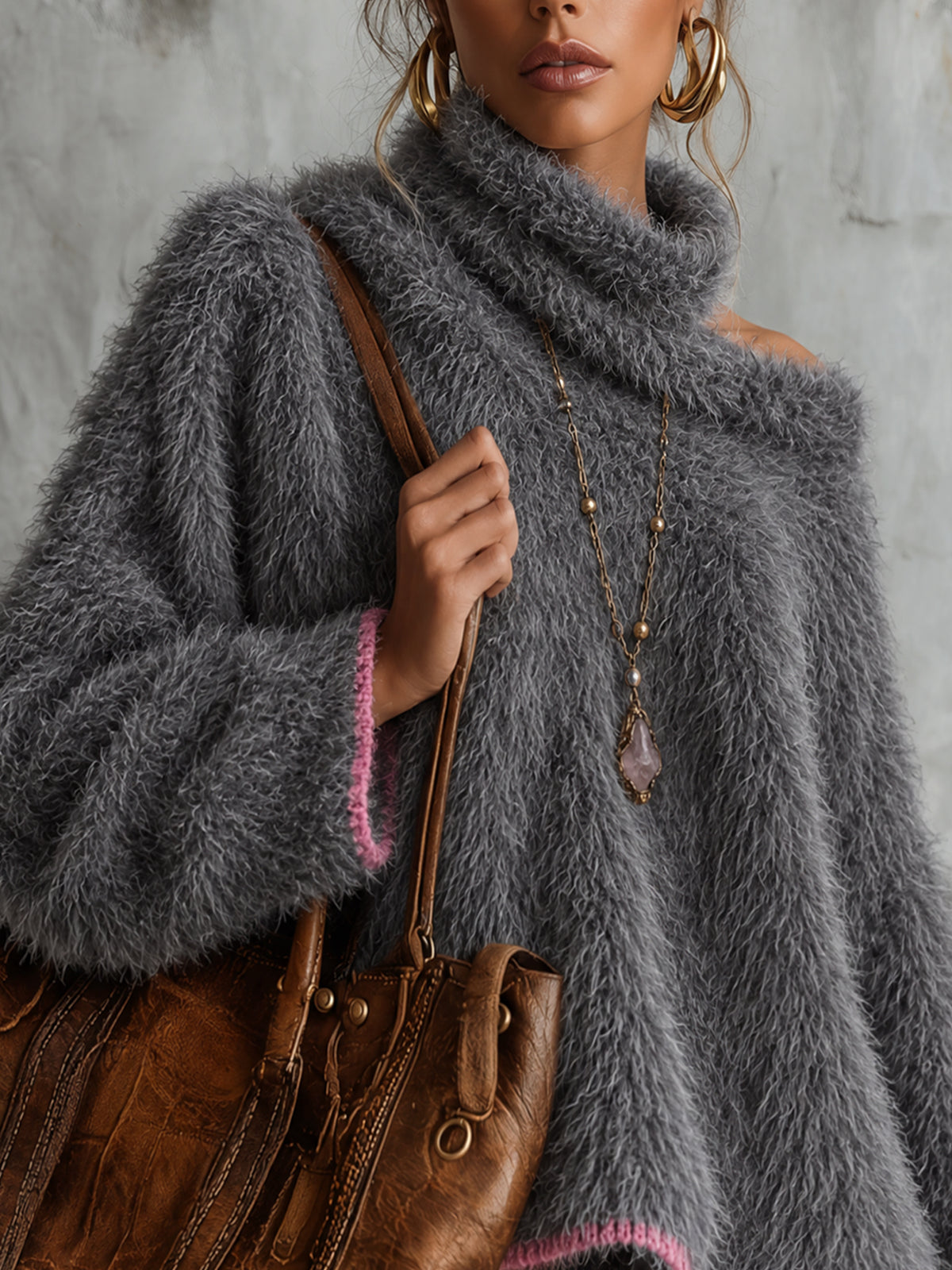 Gray Oversized Off Shoulder Faux Mink Fuzzy Cowl Neck Sweater With Pink Trim
