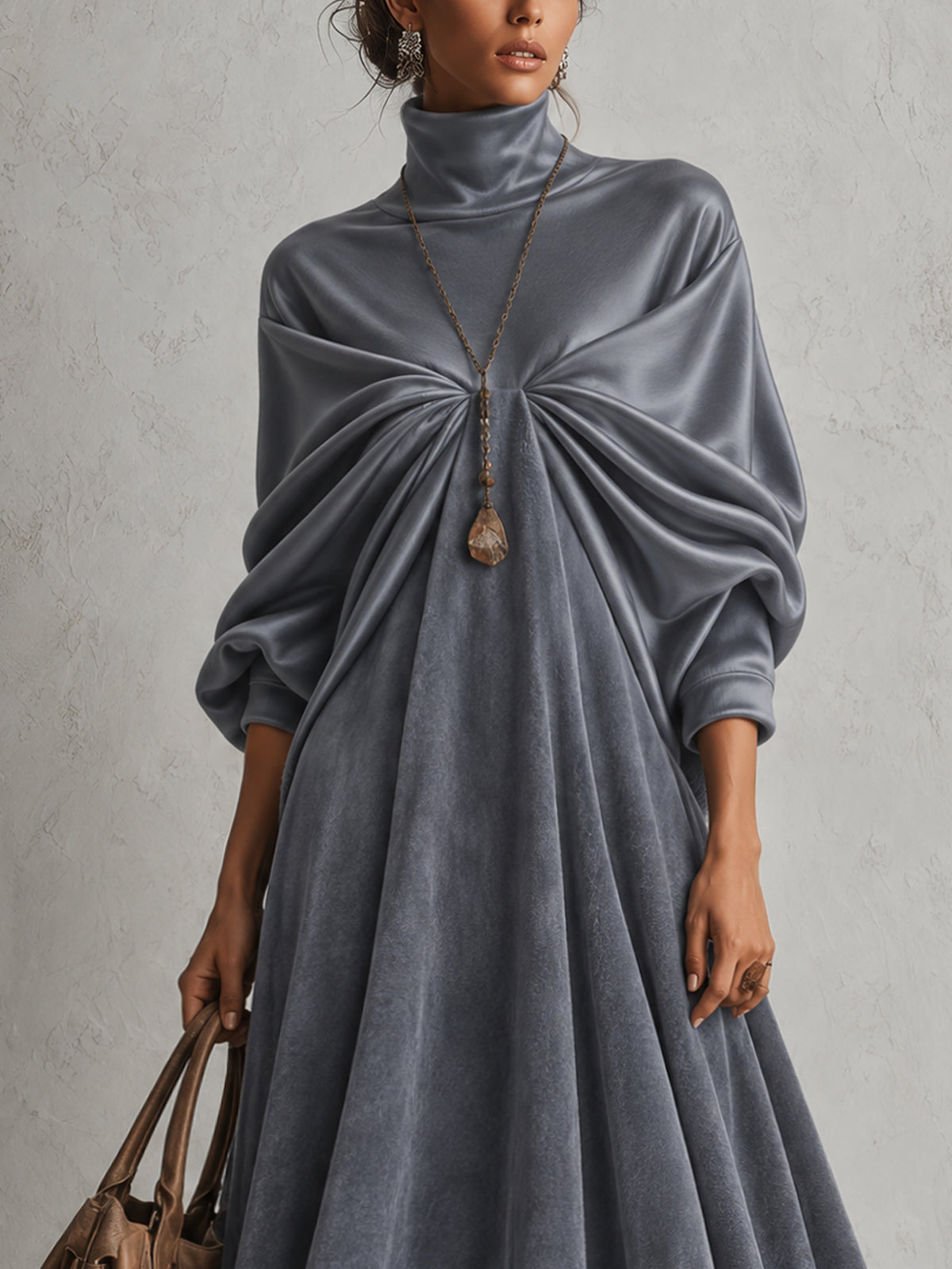 Blue Satin Faux Suede Patchwork Turtleneck Maxi Dress