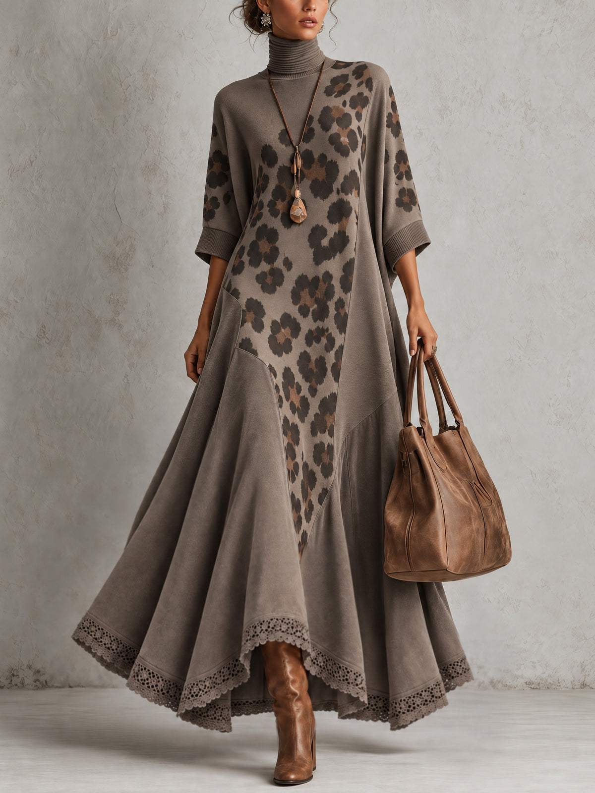 Taupe Oversized Faux Suede Leopard Print Patchwork Turtleneck Maxi Dress